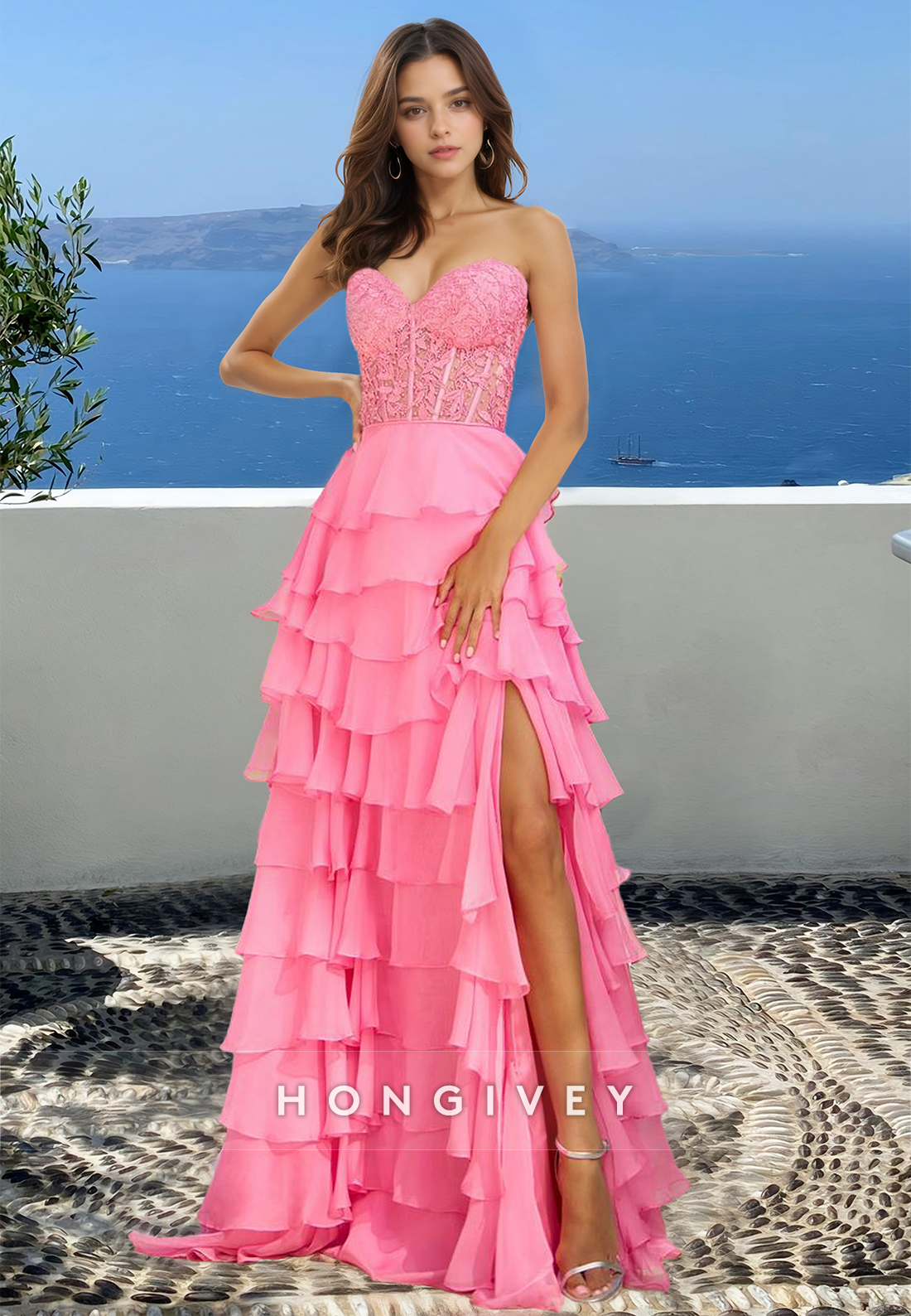 Chic Pink Tiered Applique Strapless Aline With Slit Evening Dress Prom Gown