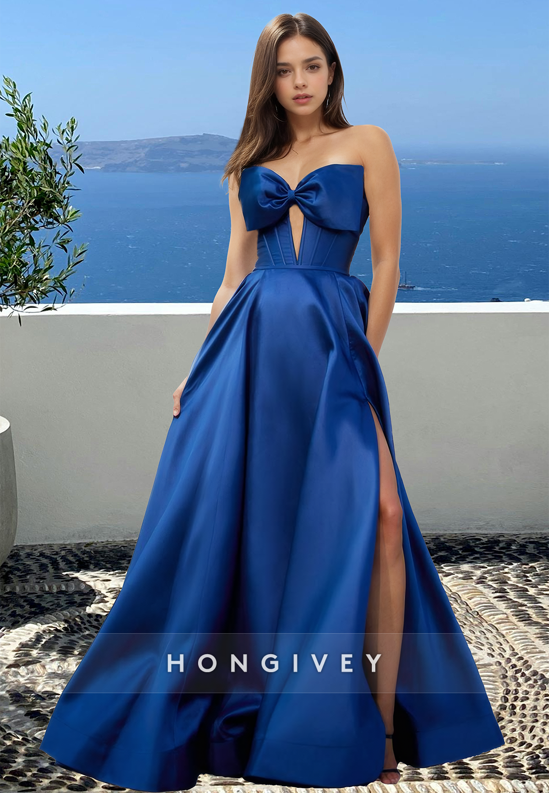 Sweet Bow Blue Strapless Aline Satin Prom Dress Party Dress Formal Gown