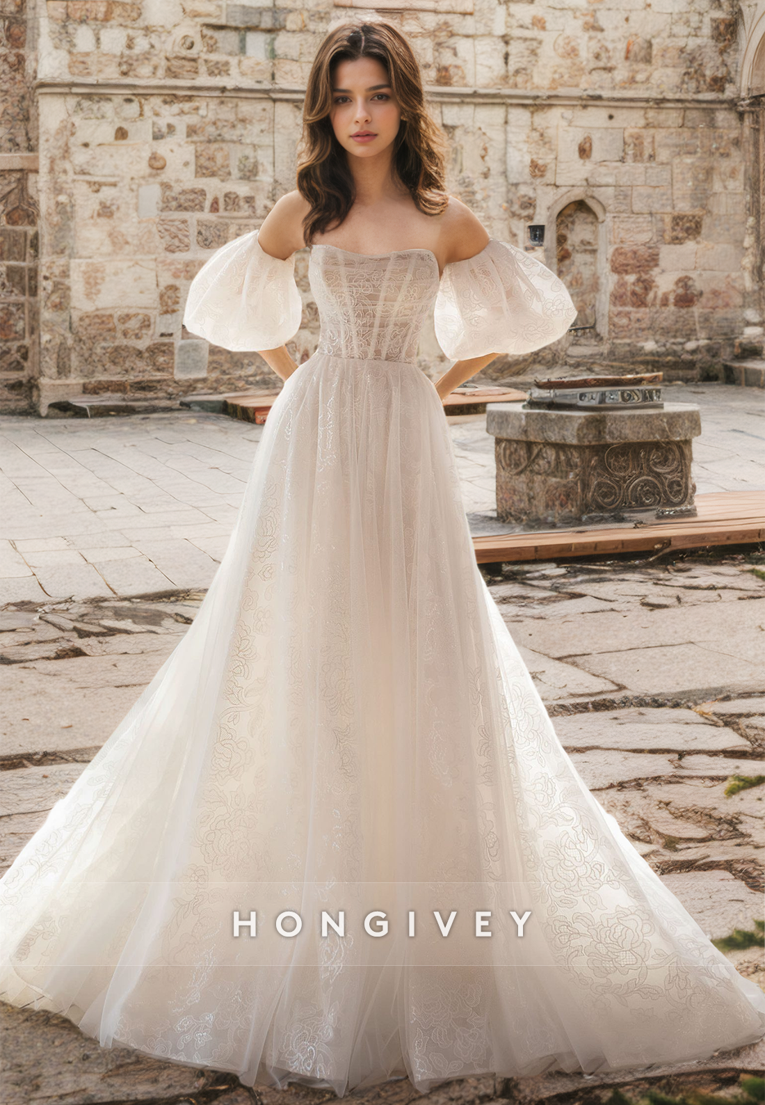 Offshoulder Strapless Applique Aline Tulle Wedding Dress With Train