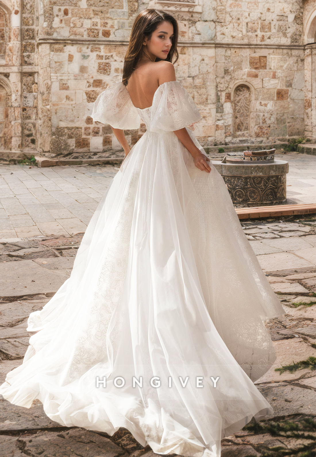 Offshoulder Strapless Applique Aline Tulle Wedding Dress With Train