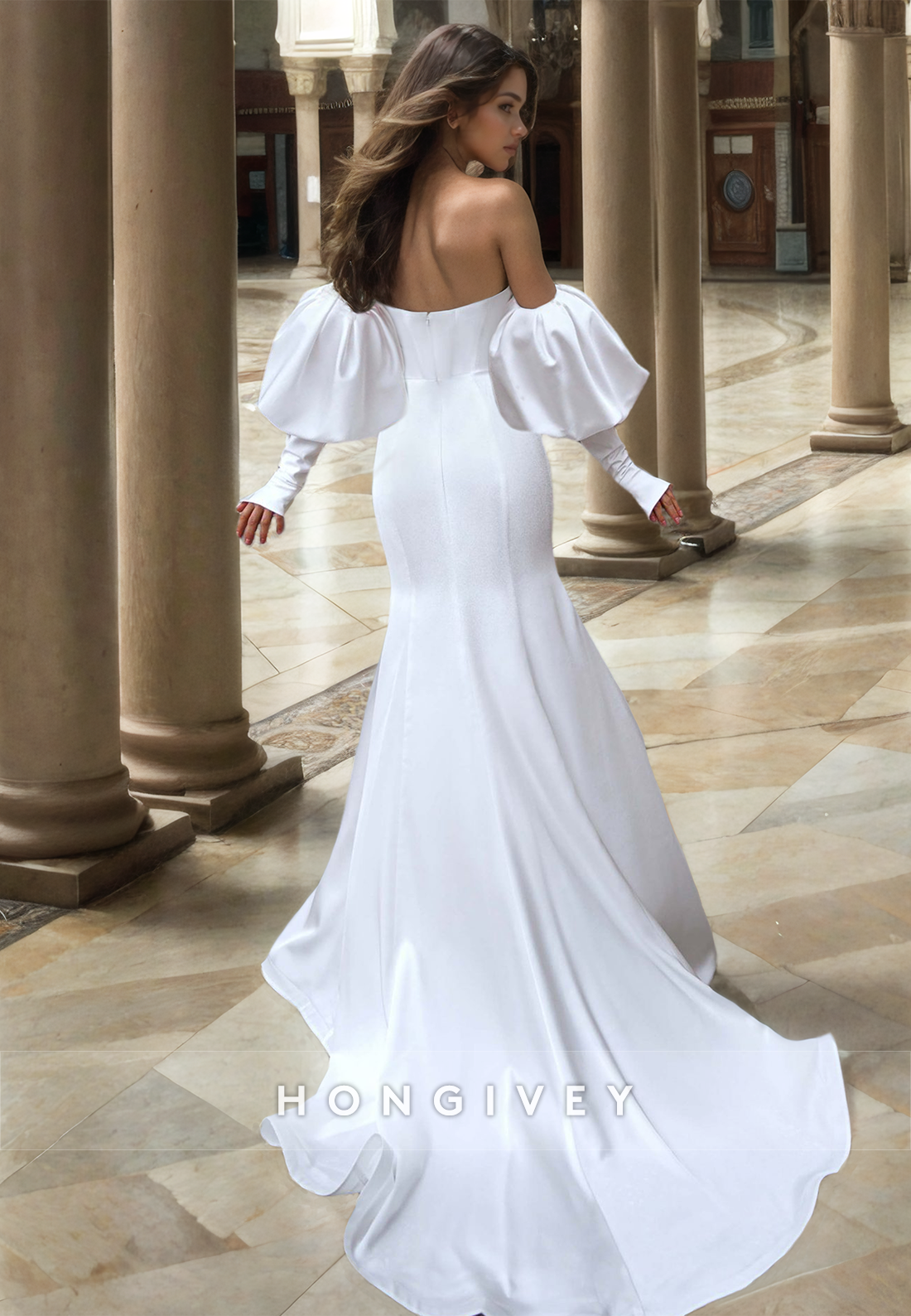 Chic Strapless Long Sleeves Satin Trumpet Wedding Dress Bride Gown