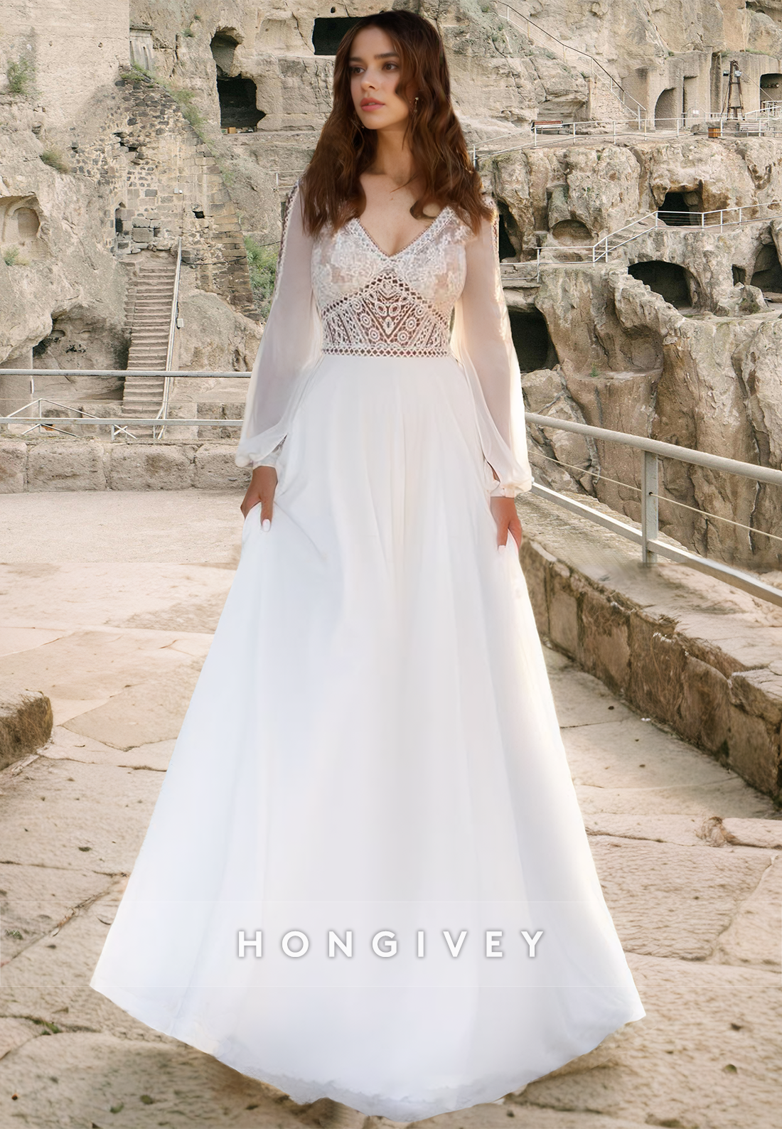 Applique Aline Tulle Wedding Dress Vneck Long Sleeves Floorlength Bride Gown