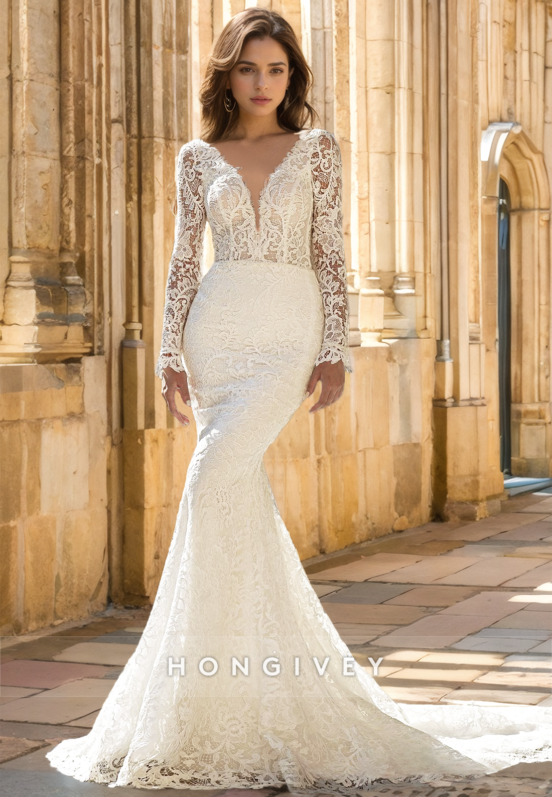 Sexy Full Lace Applique Mermaid Long Sleeves With Train Wedding Dress