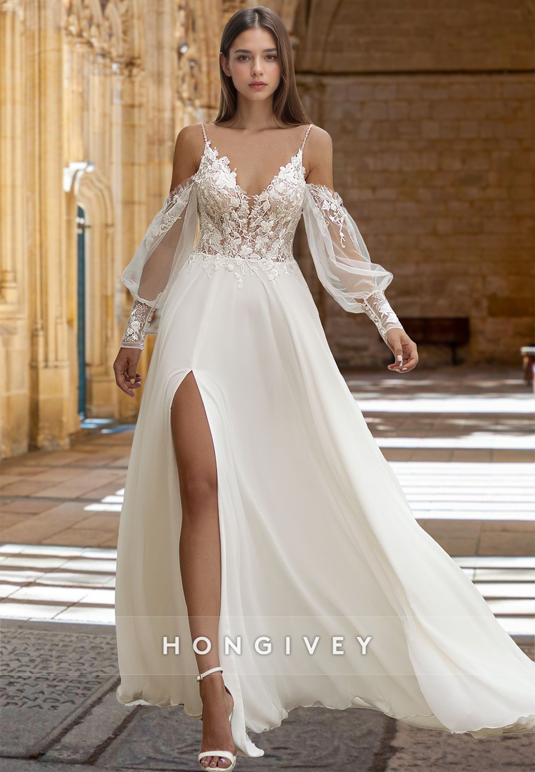 Sexy Tulle Applique Sleeves With Side Slit Wedding Dress Bride Gown