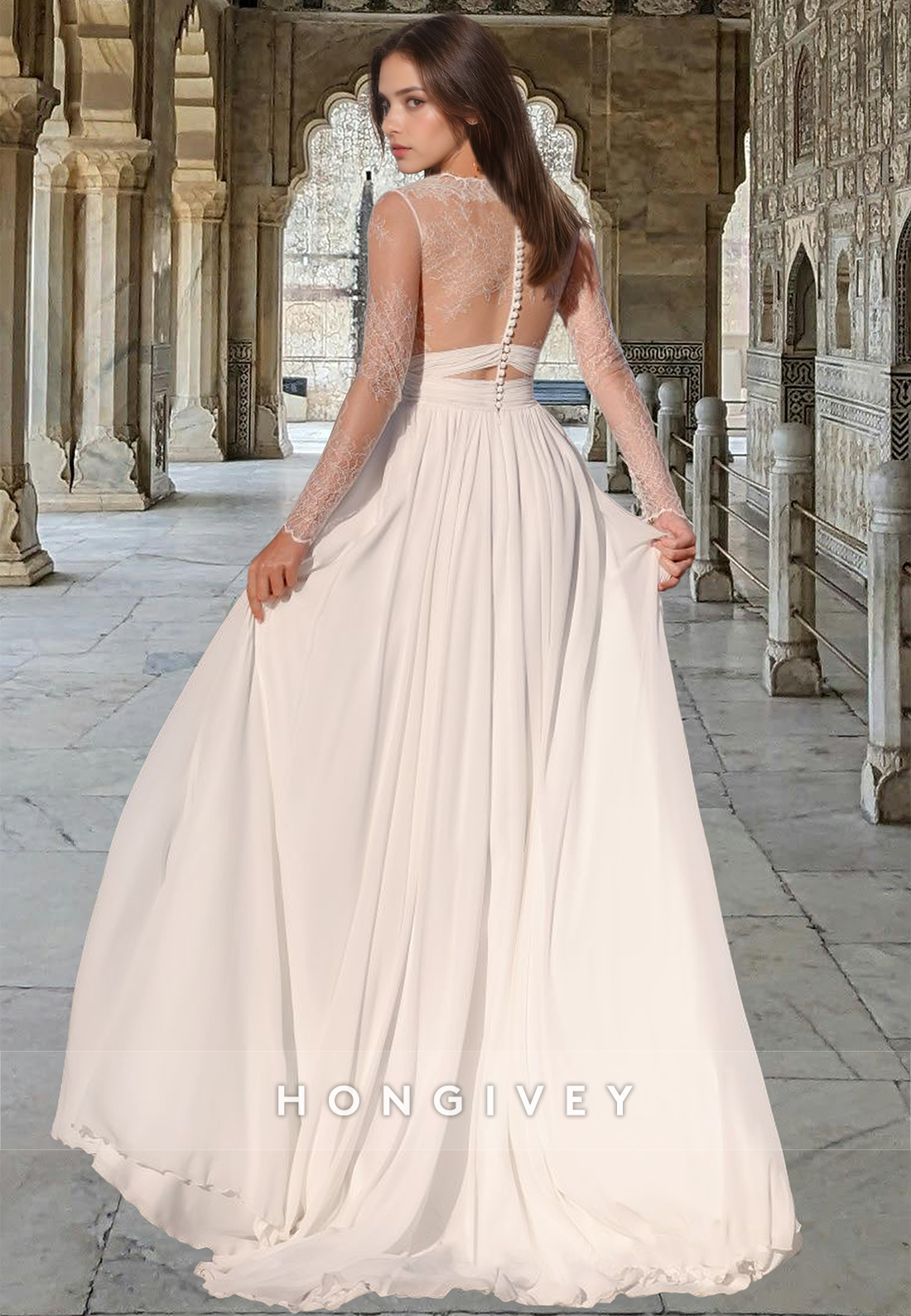 Sexy Sheer Vneck Tulle Applique Floorlength Aline Wedding Dress