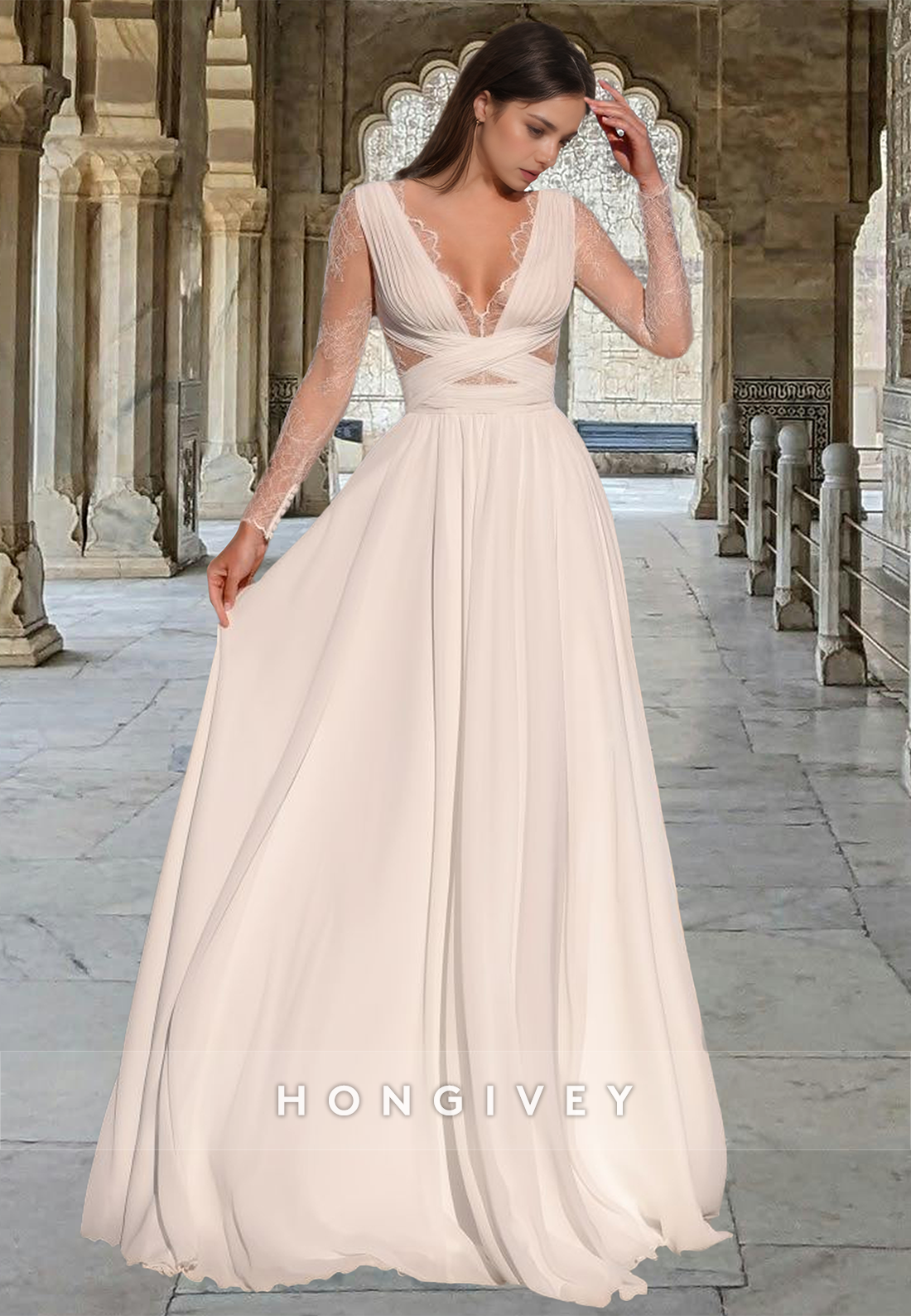 Sexy Sheer Vneck Tulle Applique Floorlength Aline Wedding Dress