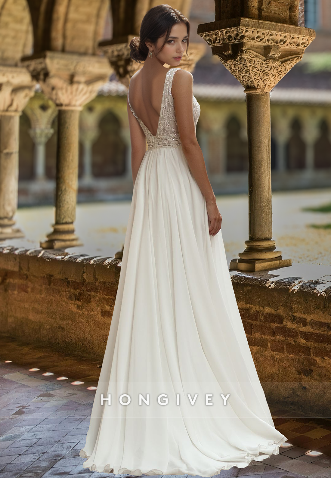 Sexy Beaded Vneck Tulle Floorlength Wedding Dress Bridal Gown