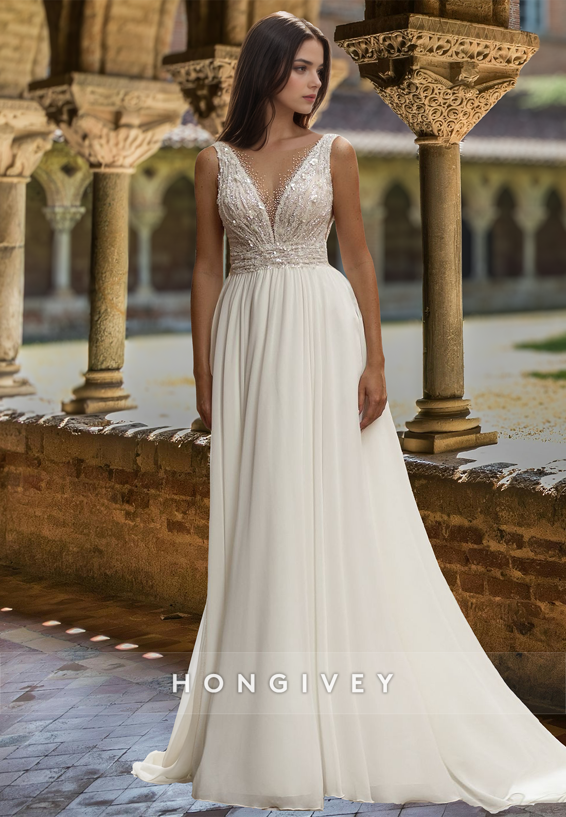 Sexy Beaded Vneck Tulle Floorlength Wedding Dress Bridal Gown