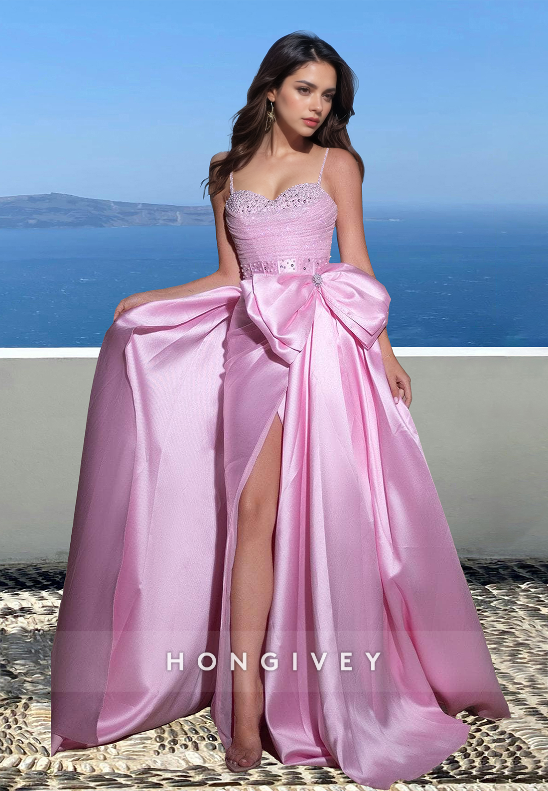 Chic Sweetheart Straps Bow Aline Satin With Side Slit Prom Gown Party Ball Gown