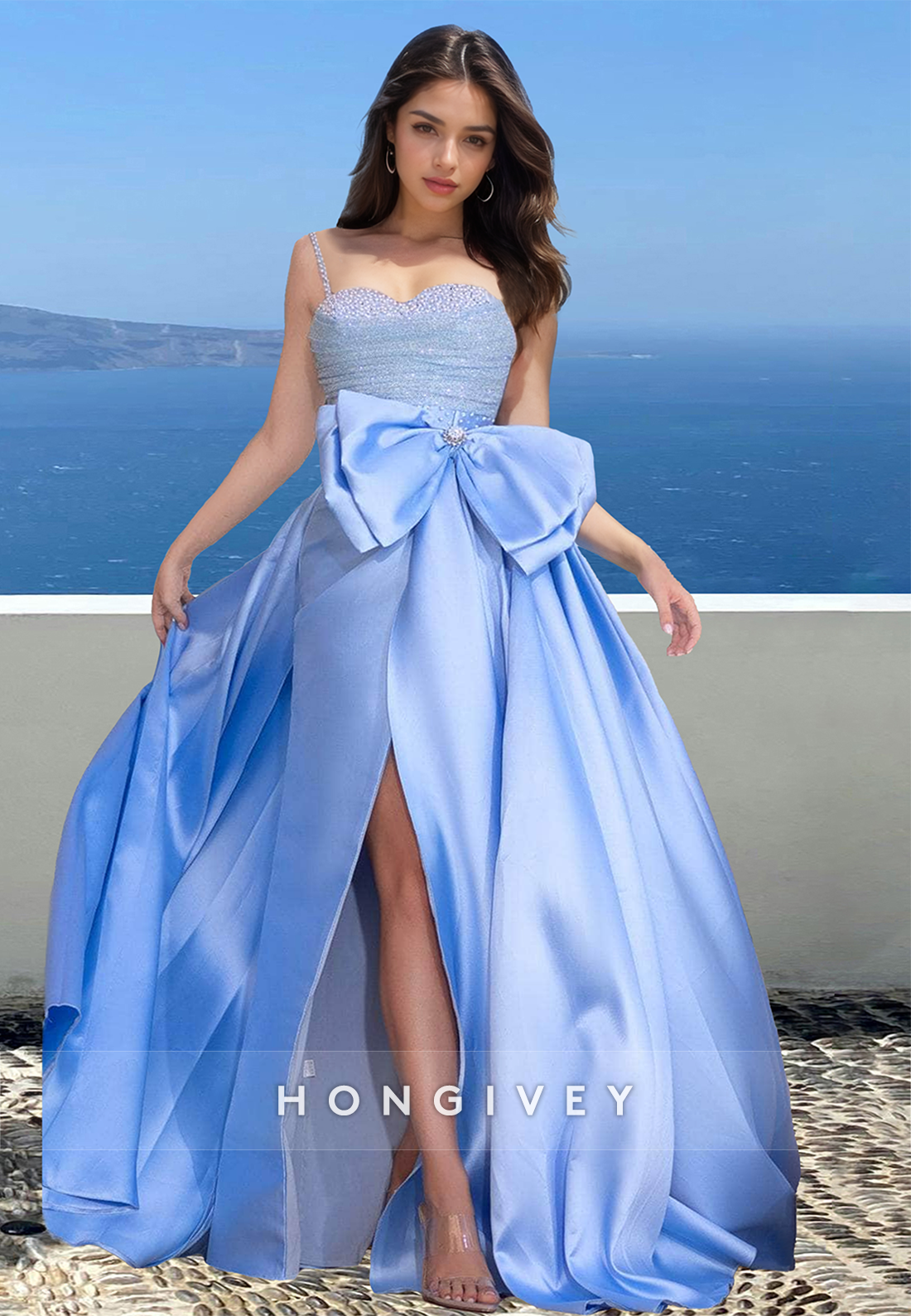 Chic Sweetheart Straps Bow Aline Satin With Side Slit Prom Gown Party Ball Gown