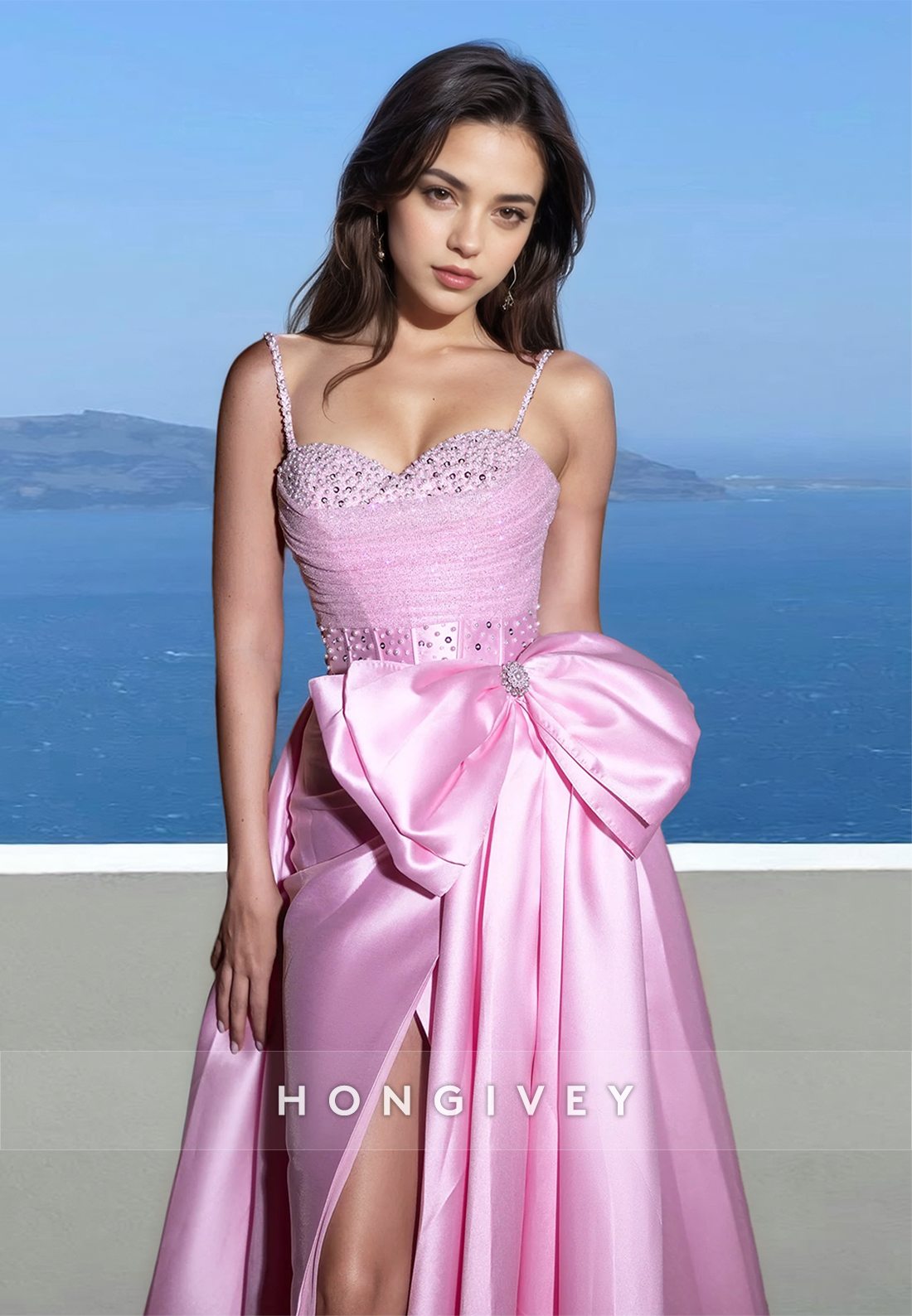 Chic Sweetheart Straps Bow Aline Satin With Side Slit Prom Gown Party Ball Gown