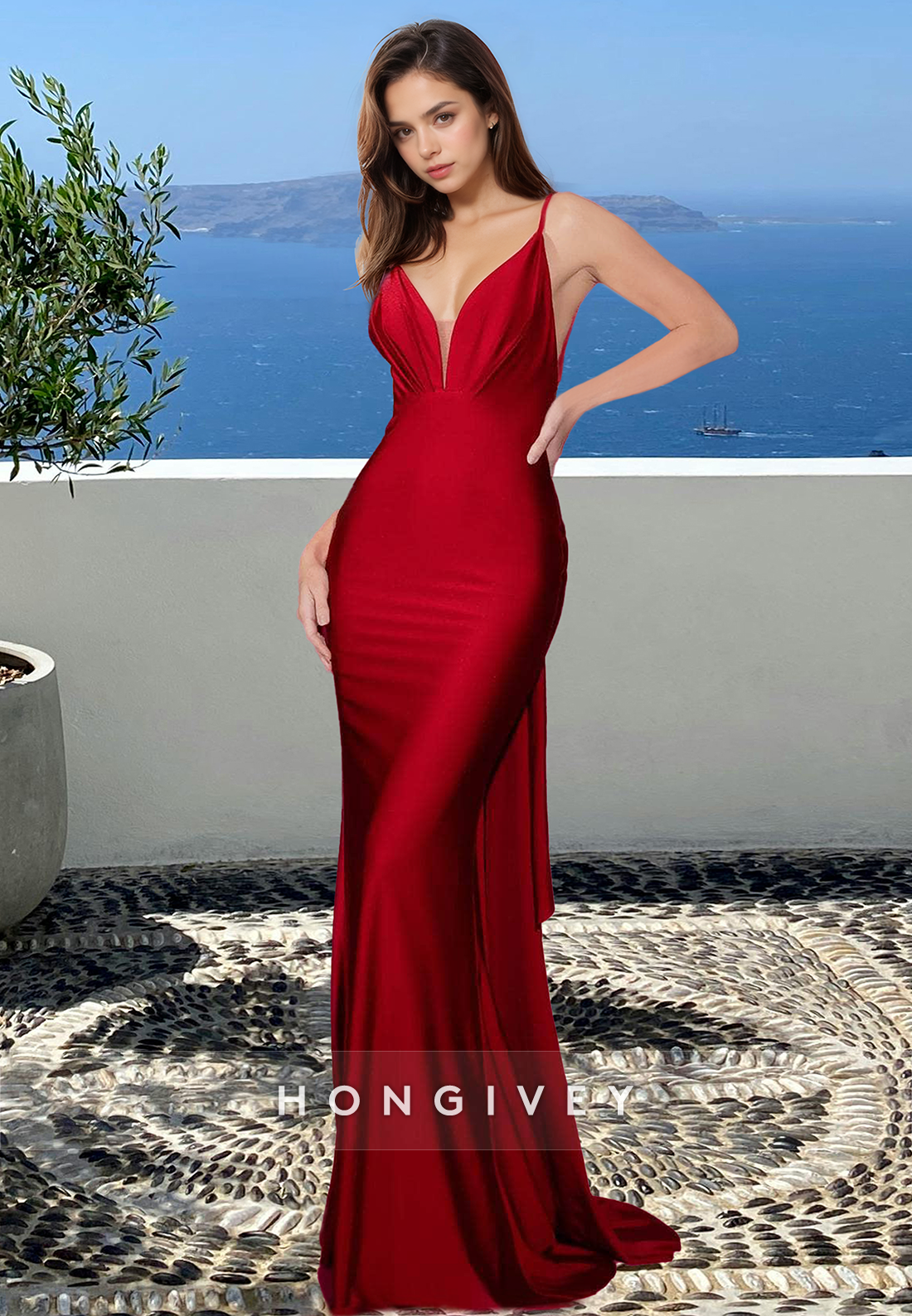 Sexy Red Vneck Backless Satin Classic Long Formal Evening Dress