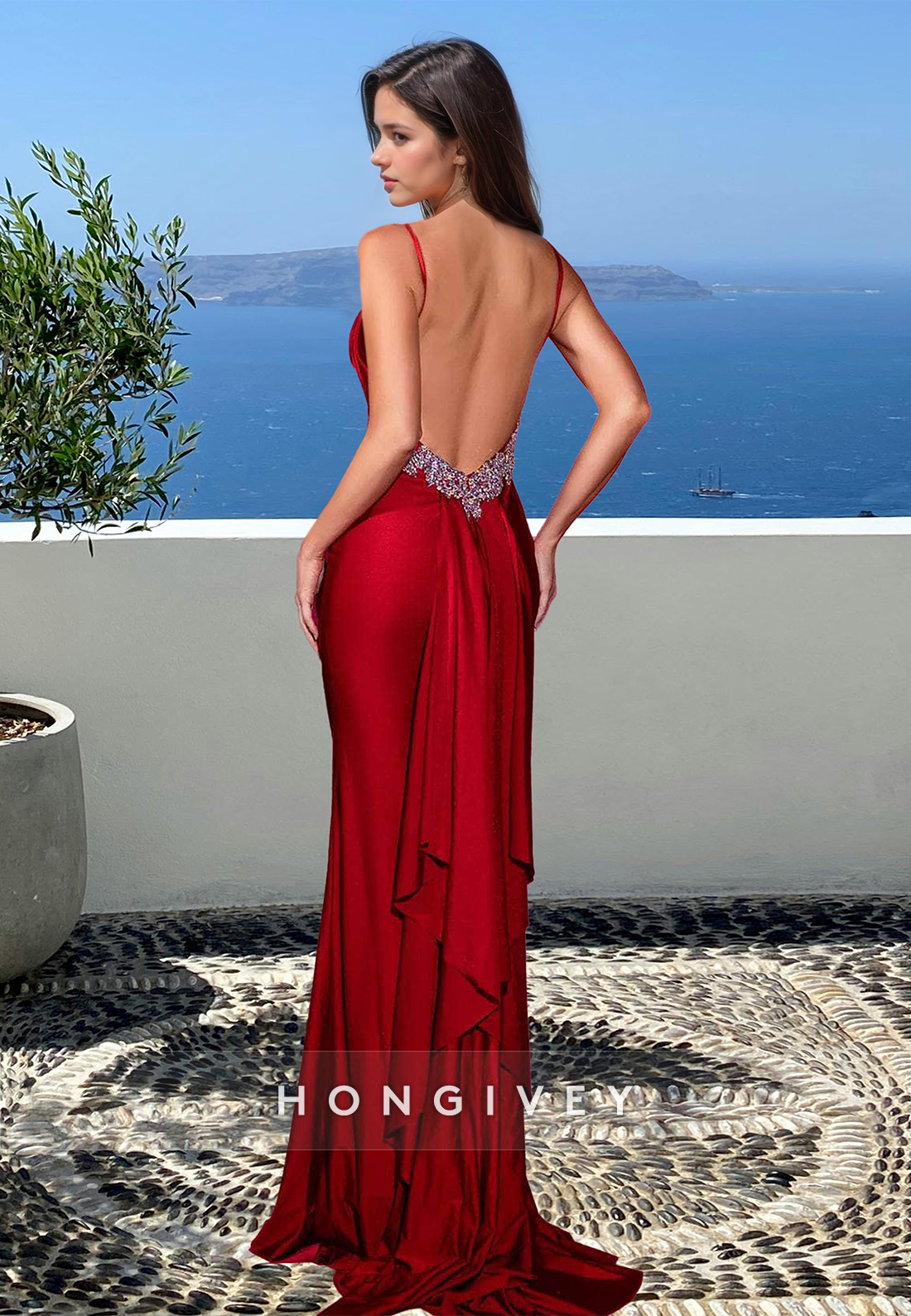 Sexy Red Vneck Backless Satin Classic Long Formal Evening Dress