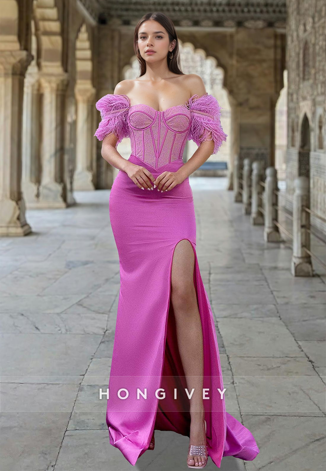 New Feather Offshoulder Trumpet Sexy Formal Evening Dress Gown