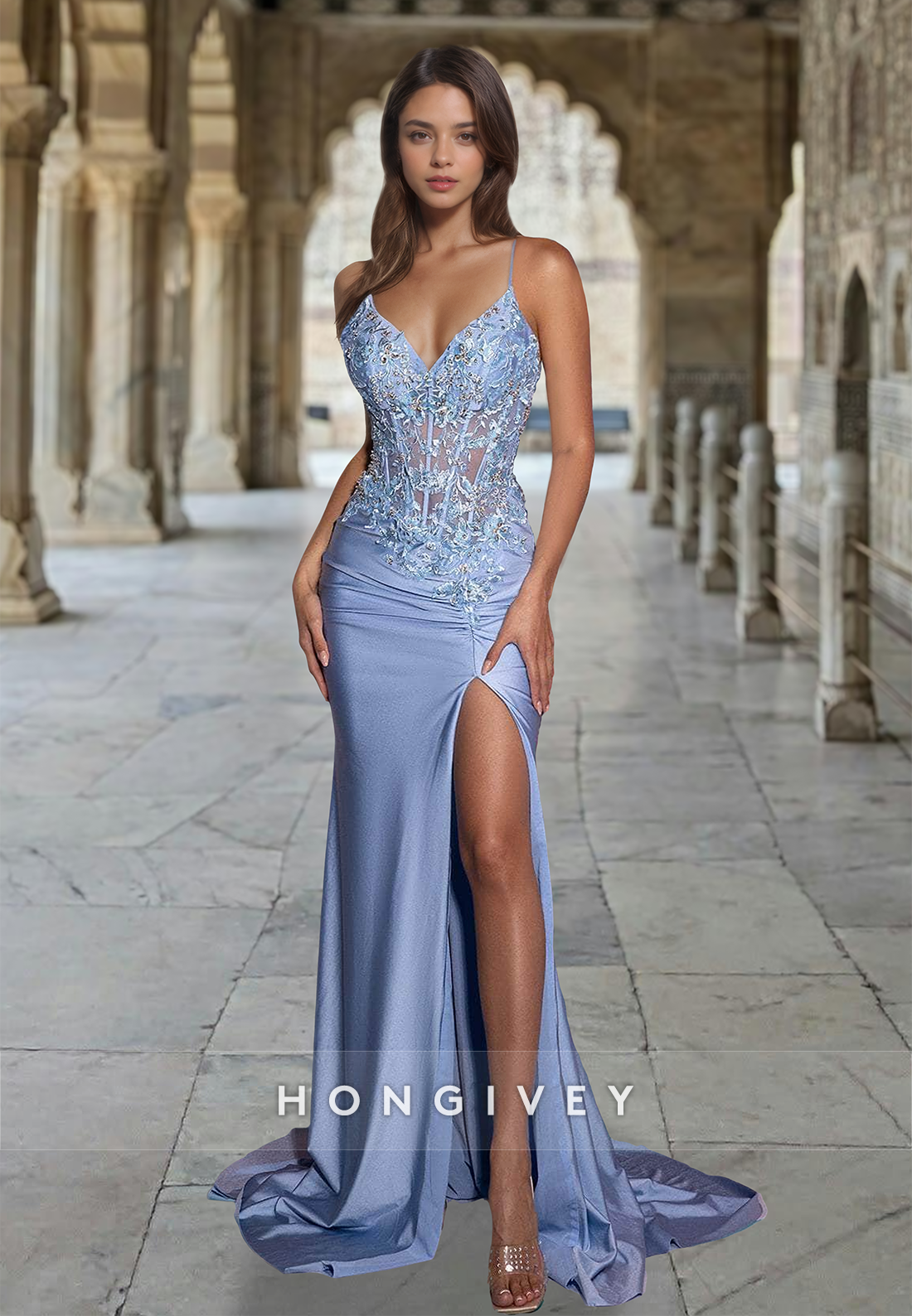 Blue Applique Straps Vneck Side Slit Satin Formal Evening Dress Party Gown