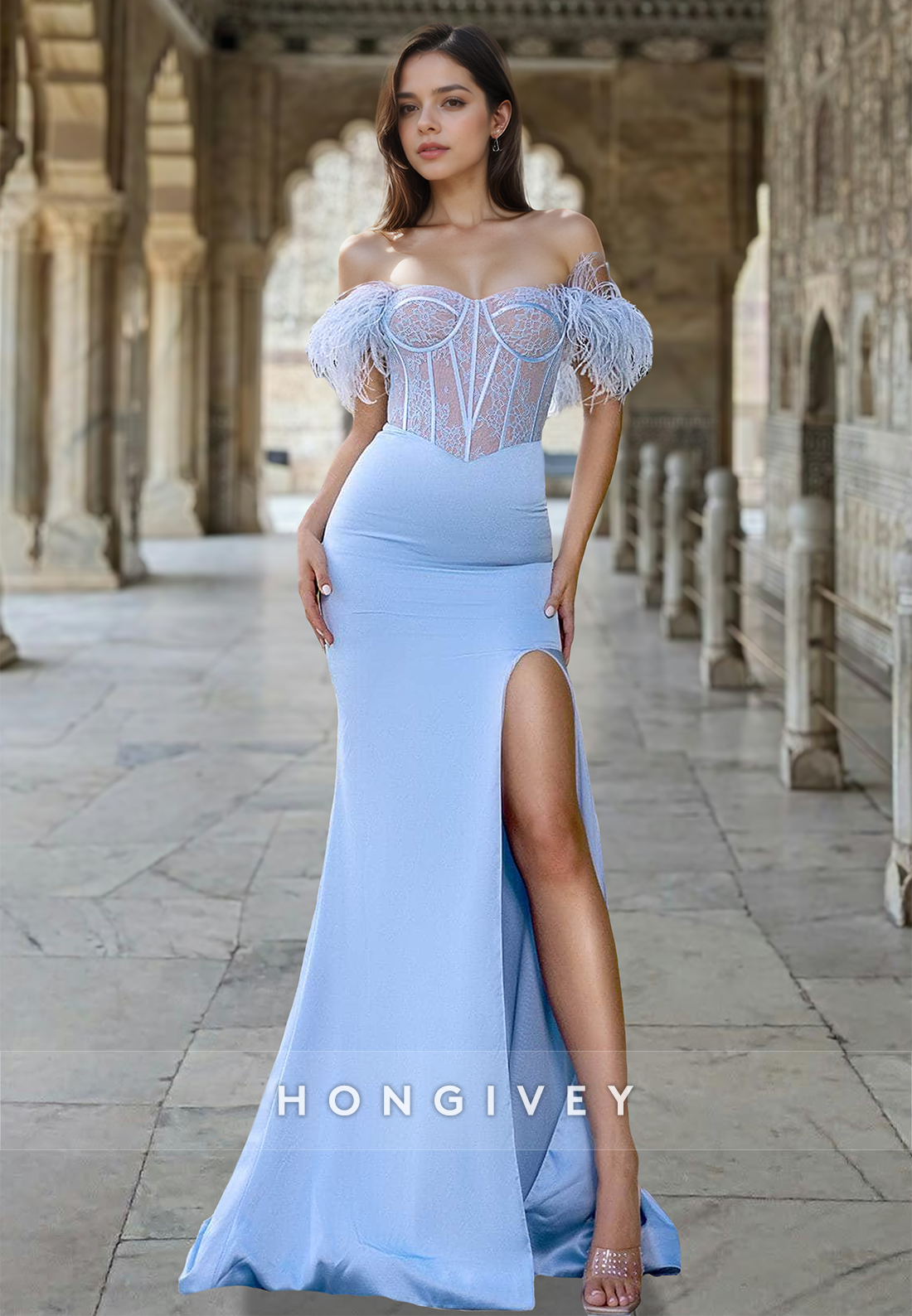 New Feather Offshoulder Trumpet Sexy Formal Evening Dress Gown