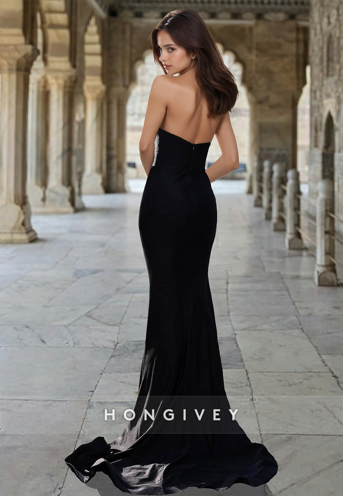 Sexy Black Strapless Mermaid Applique Vneck Side Slit Formal Evening Dress Gown