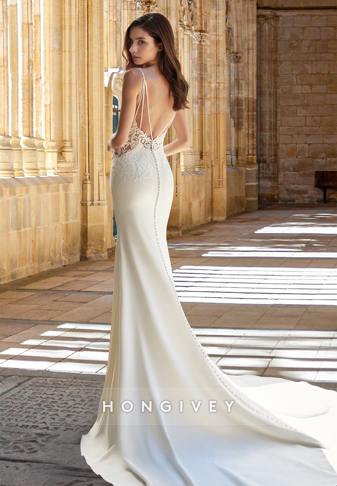 Sexy Backless Applique Satin Trumpet Empire Waist Wedding Dress Gown