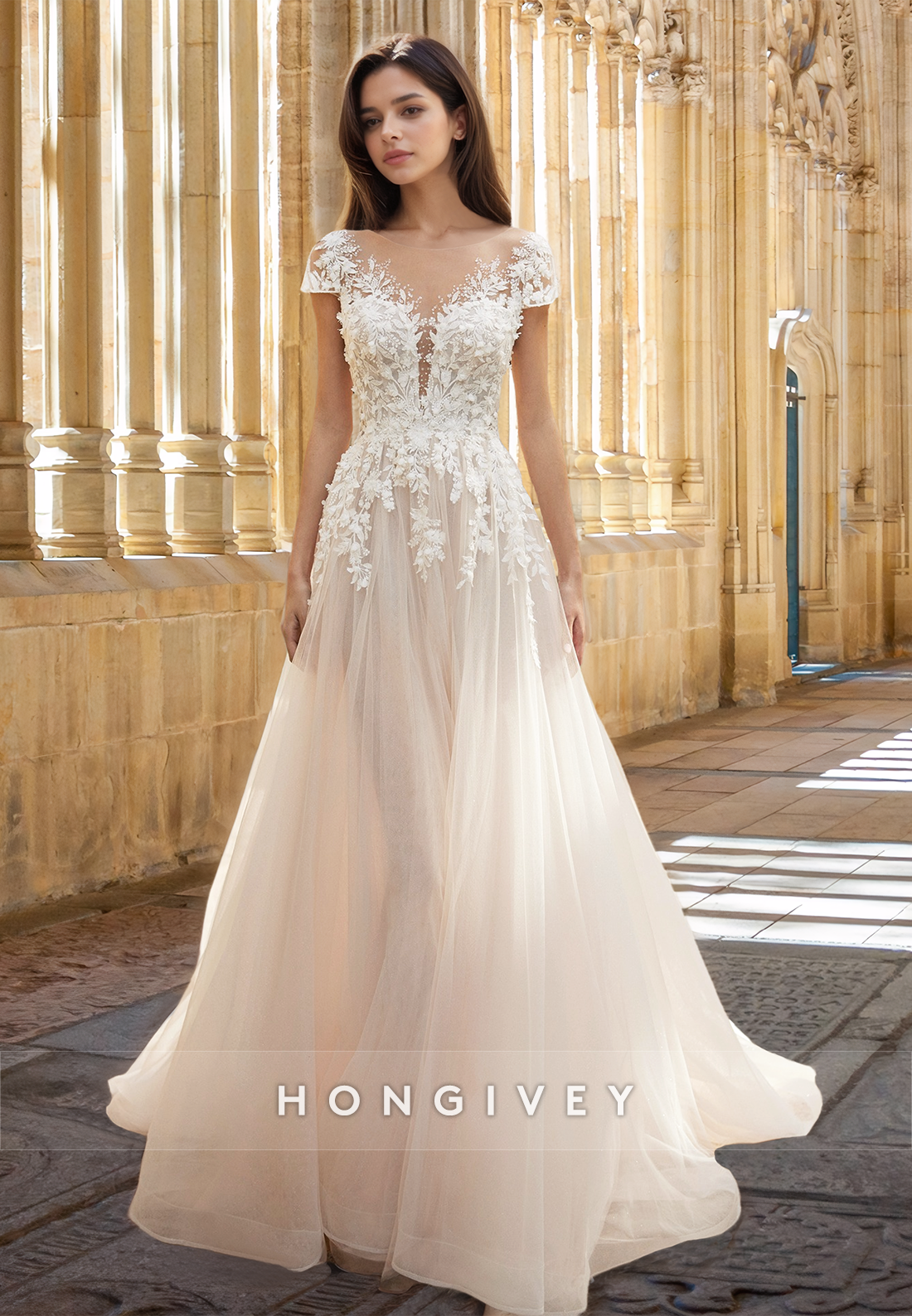 Short Sleeves Aline Tulle Classic Wedding Dress Bride Gown