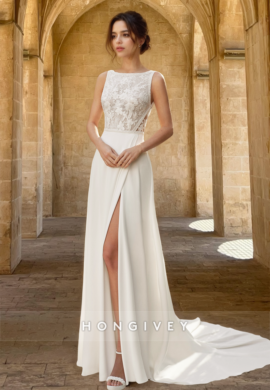 Elegant Bateau Aline Lace Applique Long Engagement Beach Wedding Dress