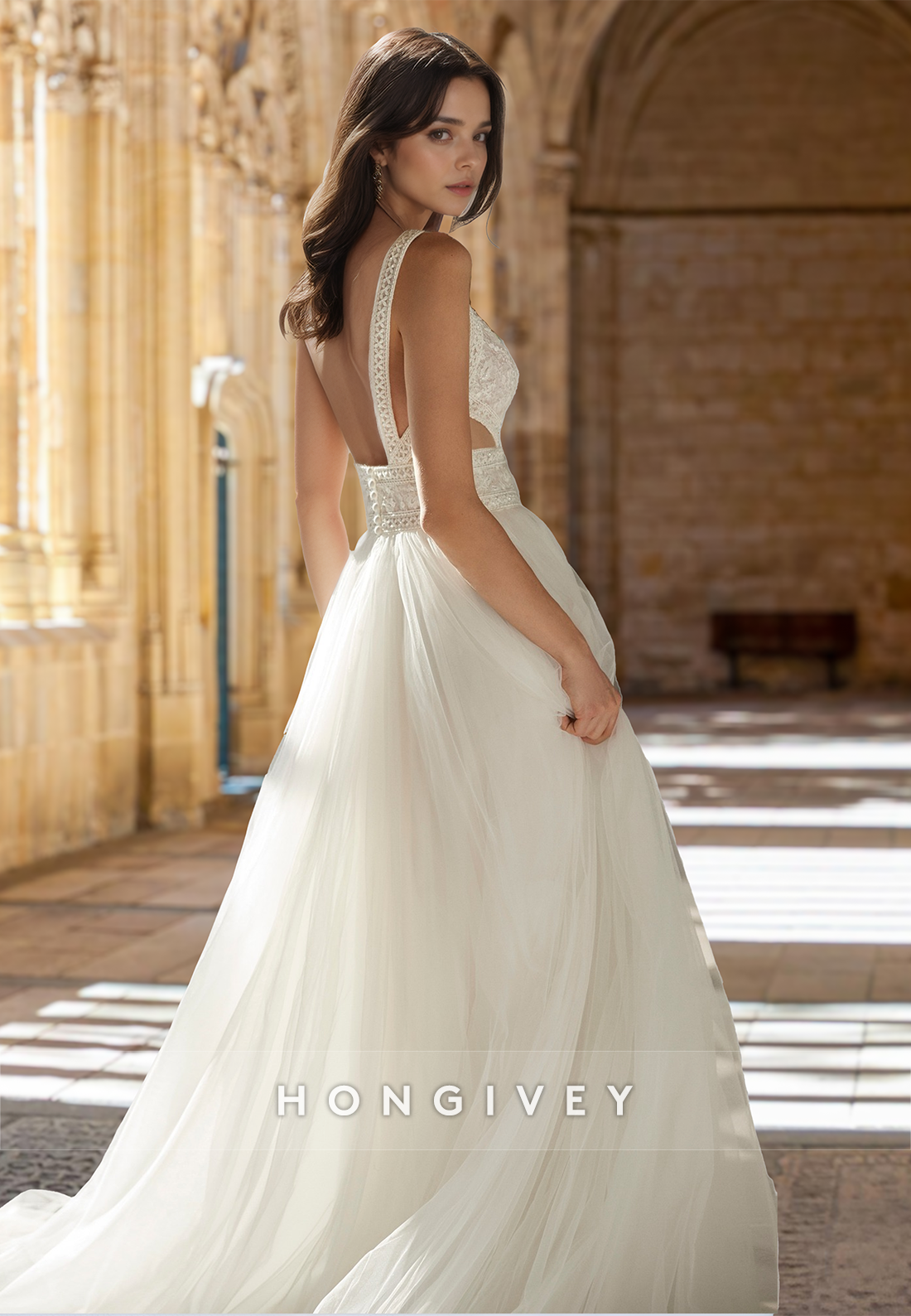 Sexy Vneck Straps Open Back Applique With Side Slit Tulle Wedding Dress Gown