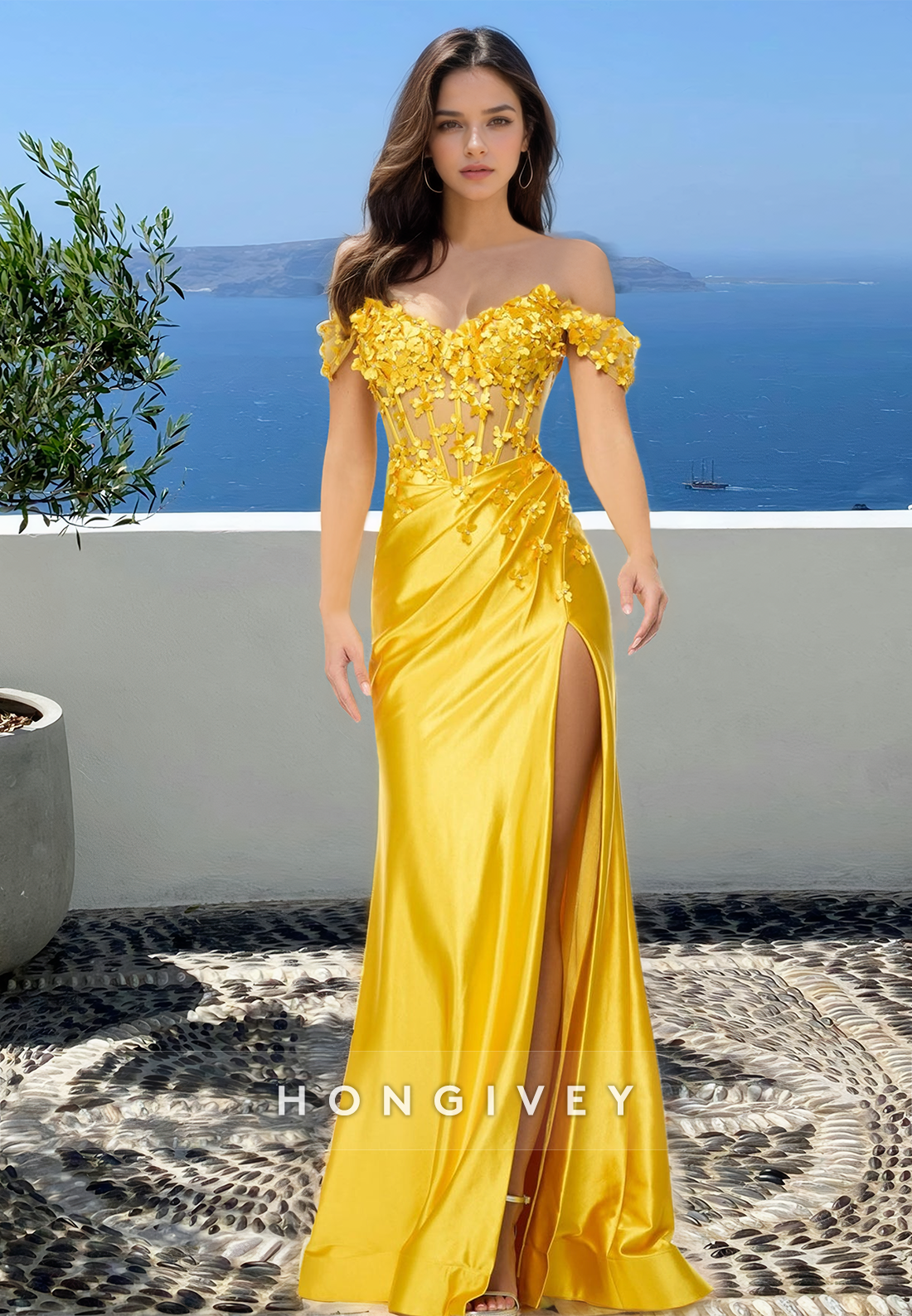 Gold Floral Offshoulder With Slit Trumpet Formal Evening Dress Party Gown