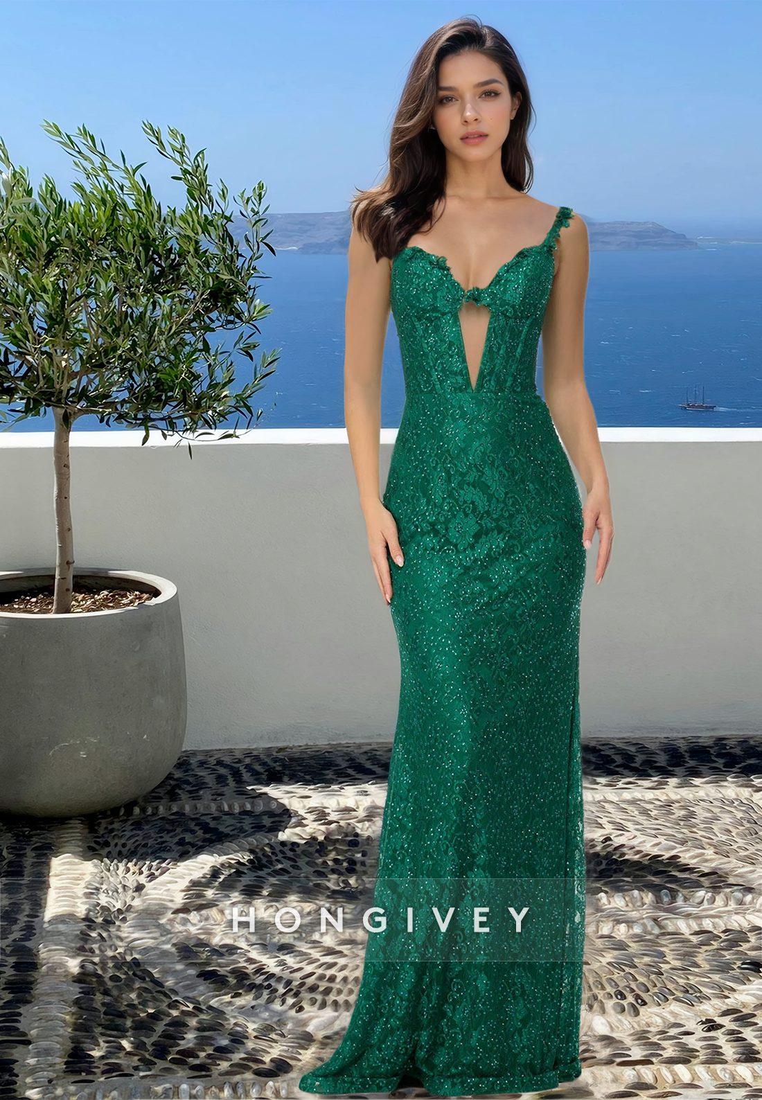 Straps Green Glitter Lace Applique Trumpet Floorlength Formal Evening Dress