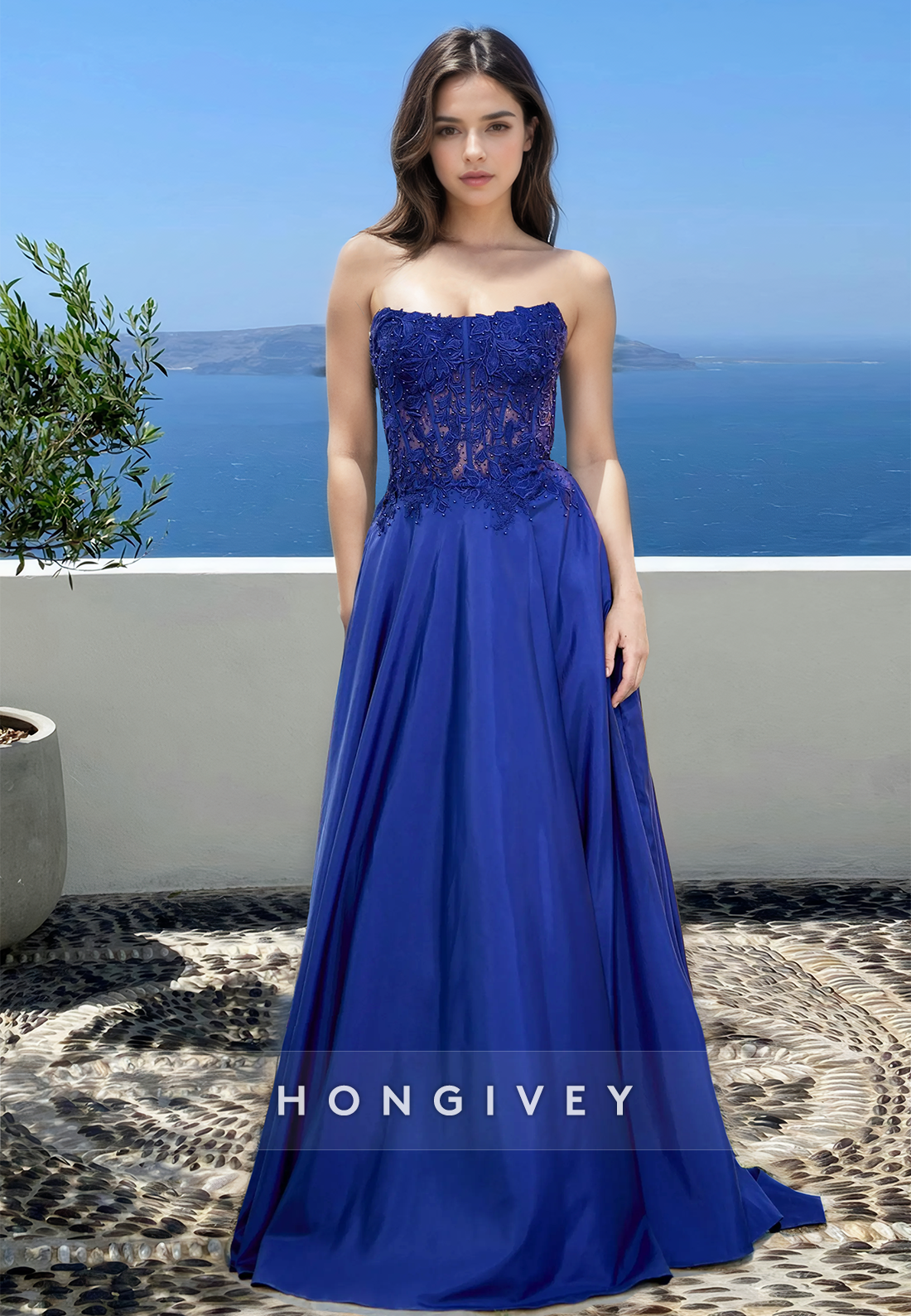 Strapless Royal Blue Applique Aline Satin Formal Dress Prom Gown