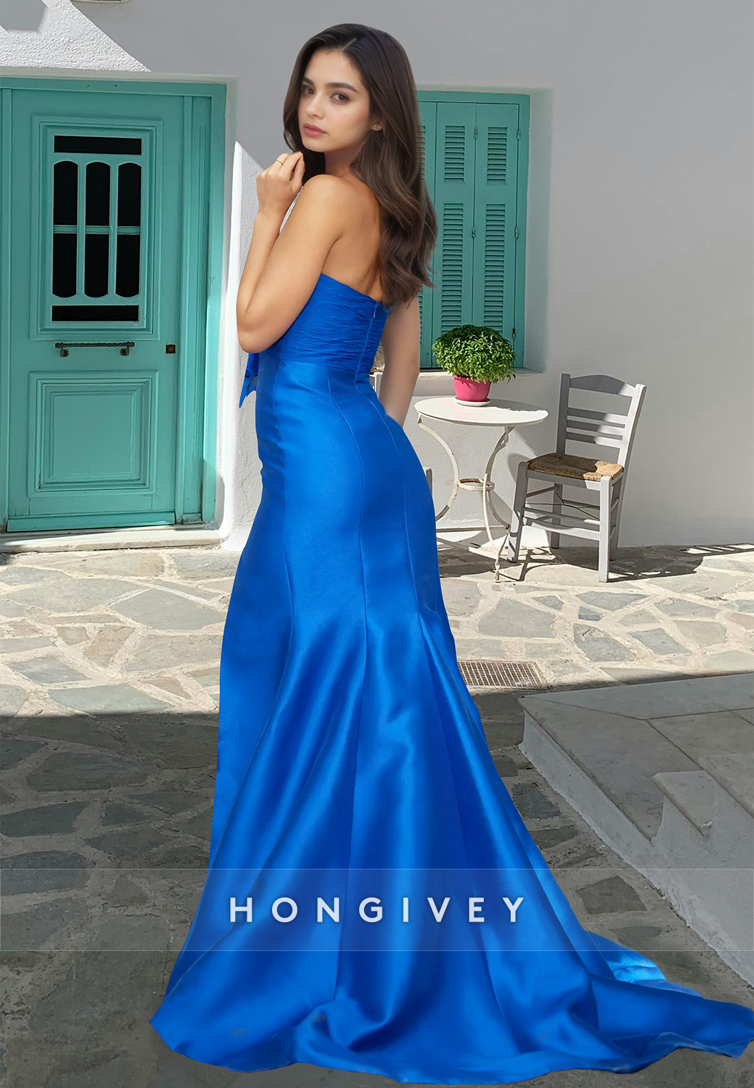 Strapless With Bow Royal Blue Satin Trumpet Formal Evening Dress Gown