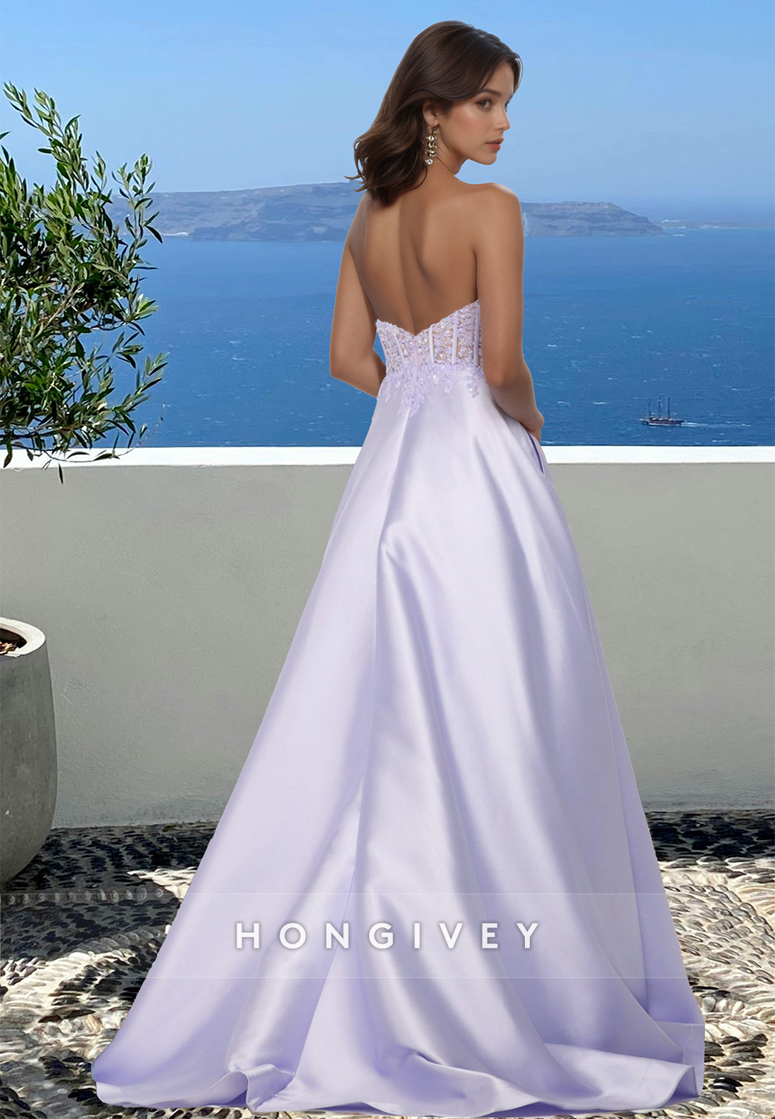 Lilac Sweetheart Strapless Applique Aline Satin Formal Prom Dress Ball Gown