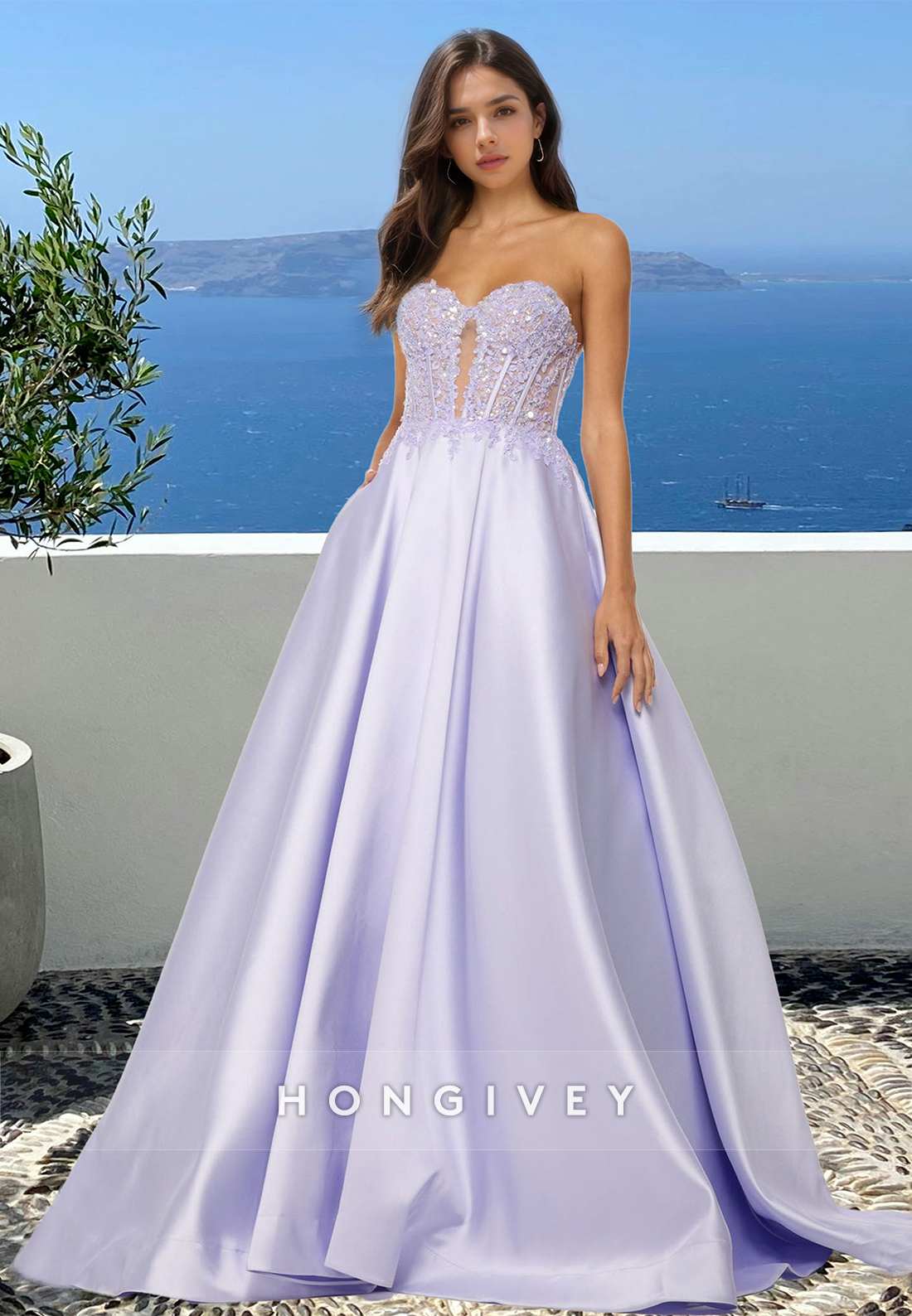 Lilac Sweetheart Strapless Applique Aline Satin Formal Prom Dress Ball Gown