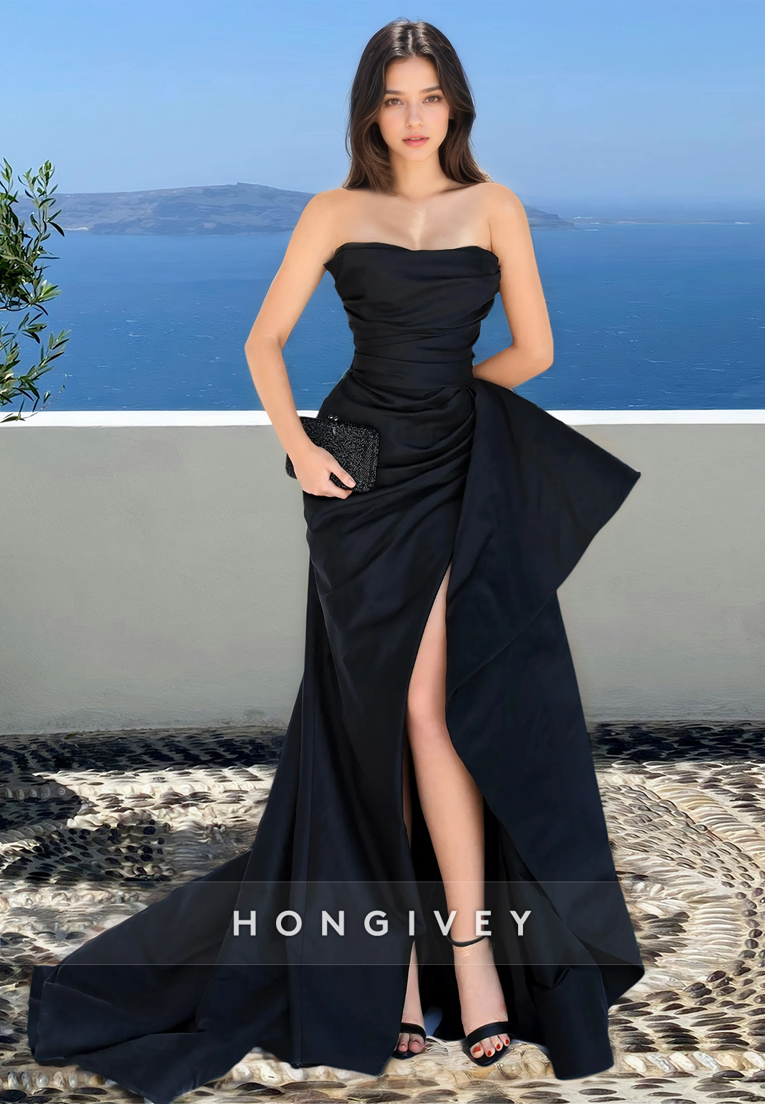 Black Strapless Evening Dress Asymmetrical Slit Aline Formal Gown