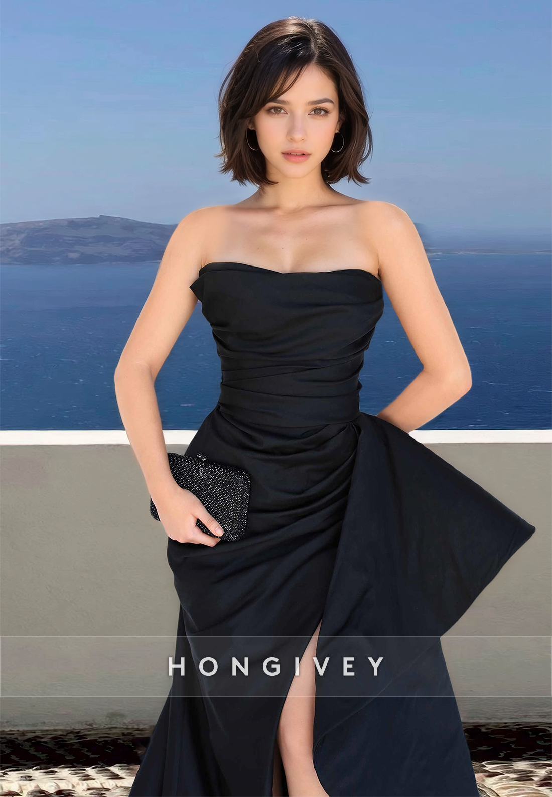 Black Strapless Evening Dress Asymmetrical Slit Aline Formal Gown