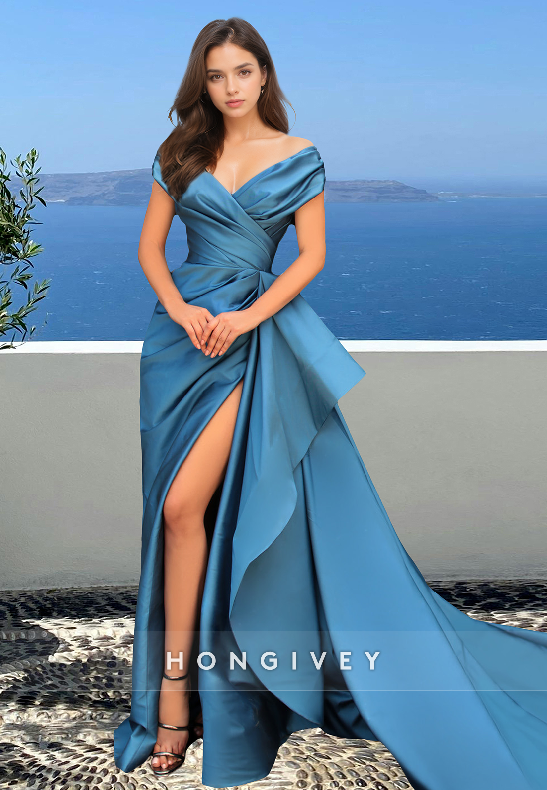 Blue Ruched Vneck Asymmetrical Satin With Train Formal Evening Dress Gown