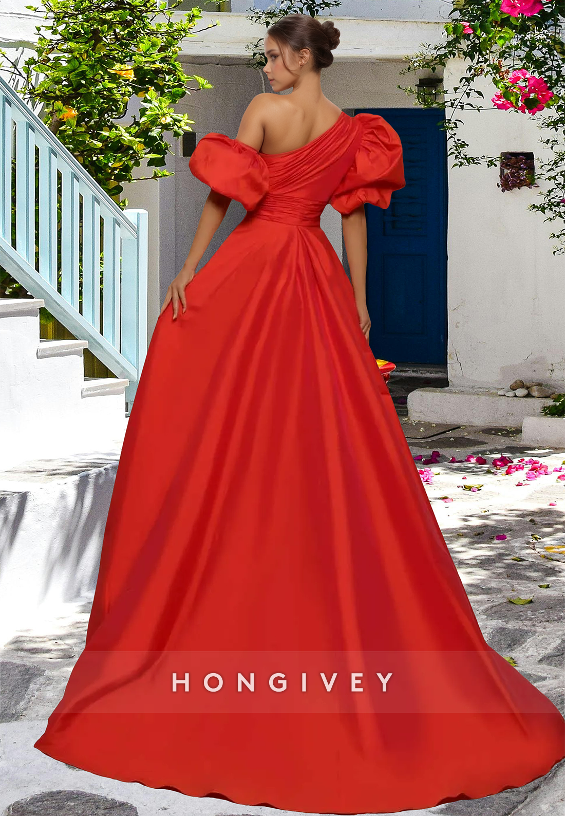 Chic Red Asymmetrical Aline Satin Evening Dress Prom Gown Ball Gown