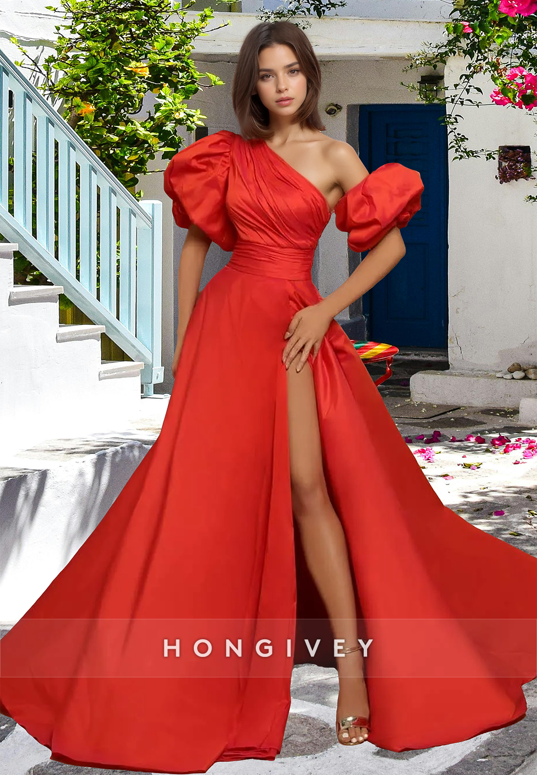 Chic Red Asymmetrical Aline Satin Evening Dress Prom Gown Ball Gown