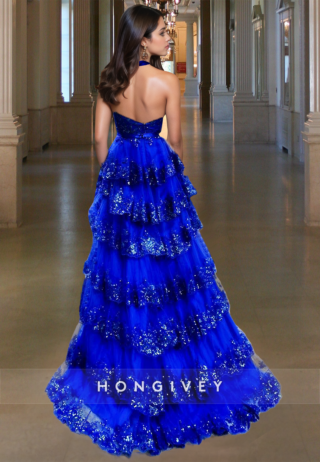 Blue Tiered Prom Dress Sparkle Floral Straps Aline Formal Ball Gown