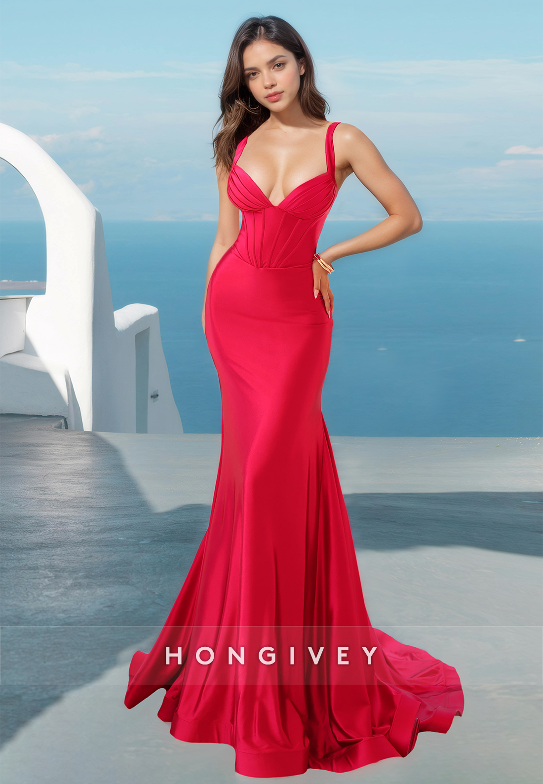 Sexy Spaghetti Straps Trumpet Satin Formal Evening Dress Gown