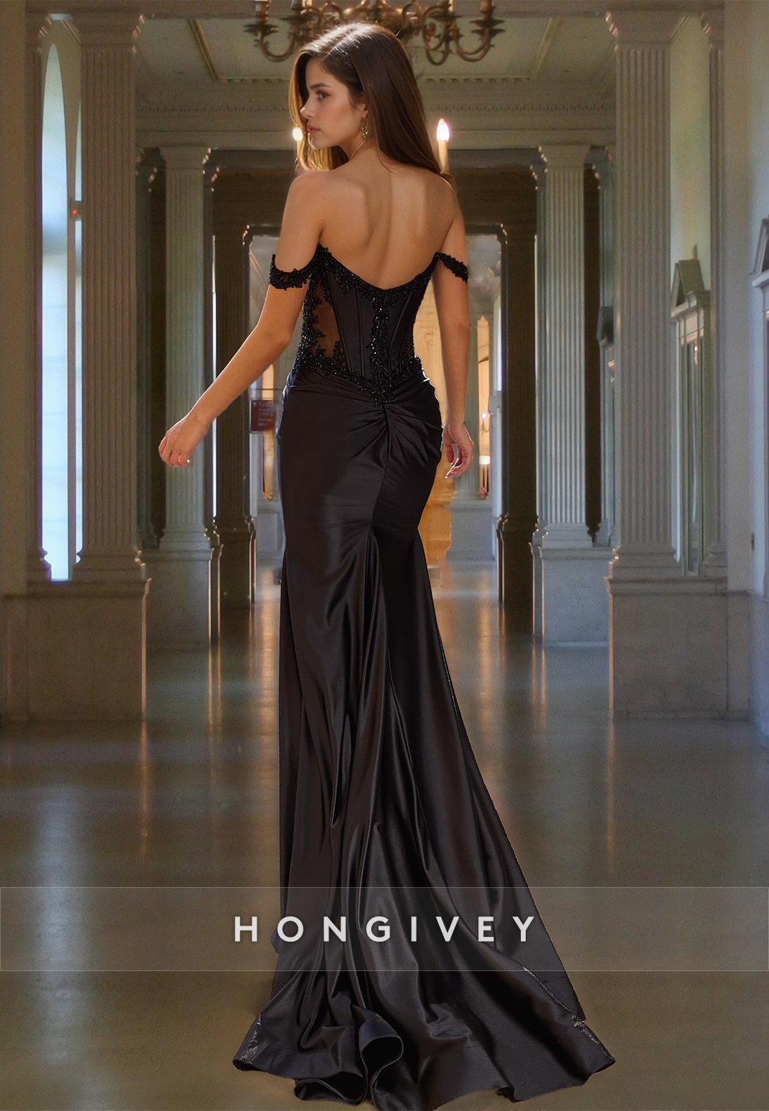 Black Formal Applique Offshoulder Trumpet Satin Party Evening Dress