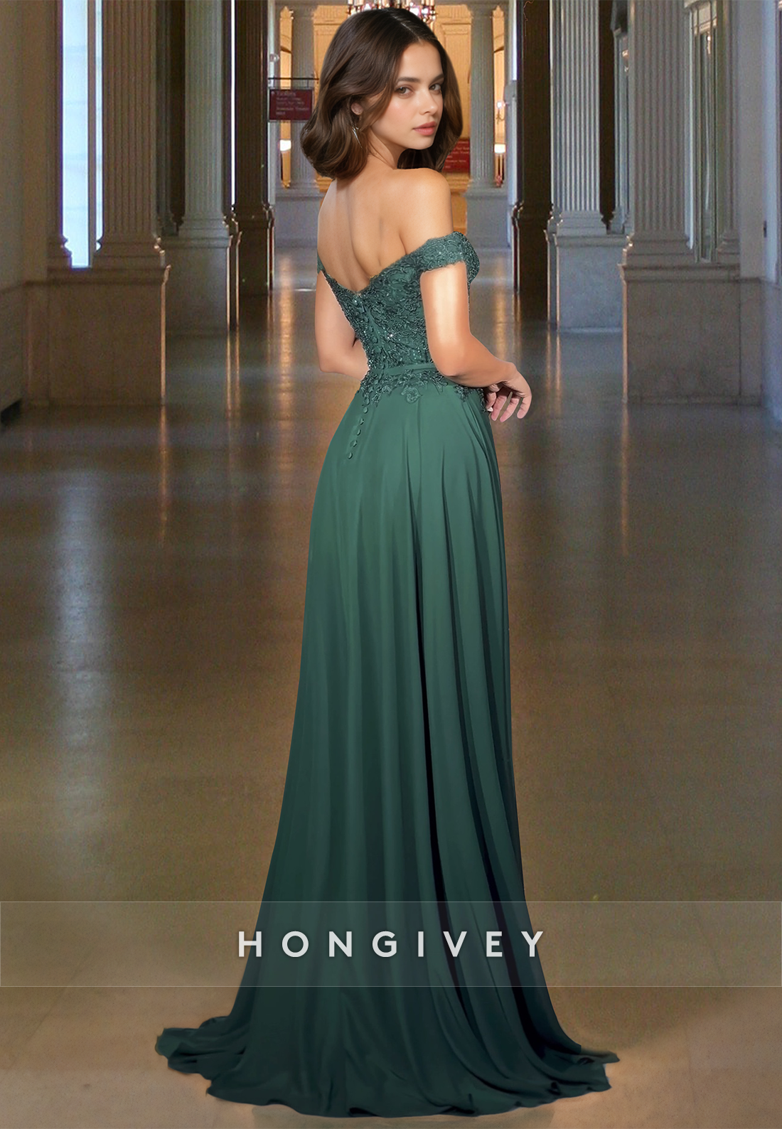 Green Offshoulder Applique Beaded Aline With Slit Formal Evening Dress Prom Gown