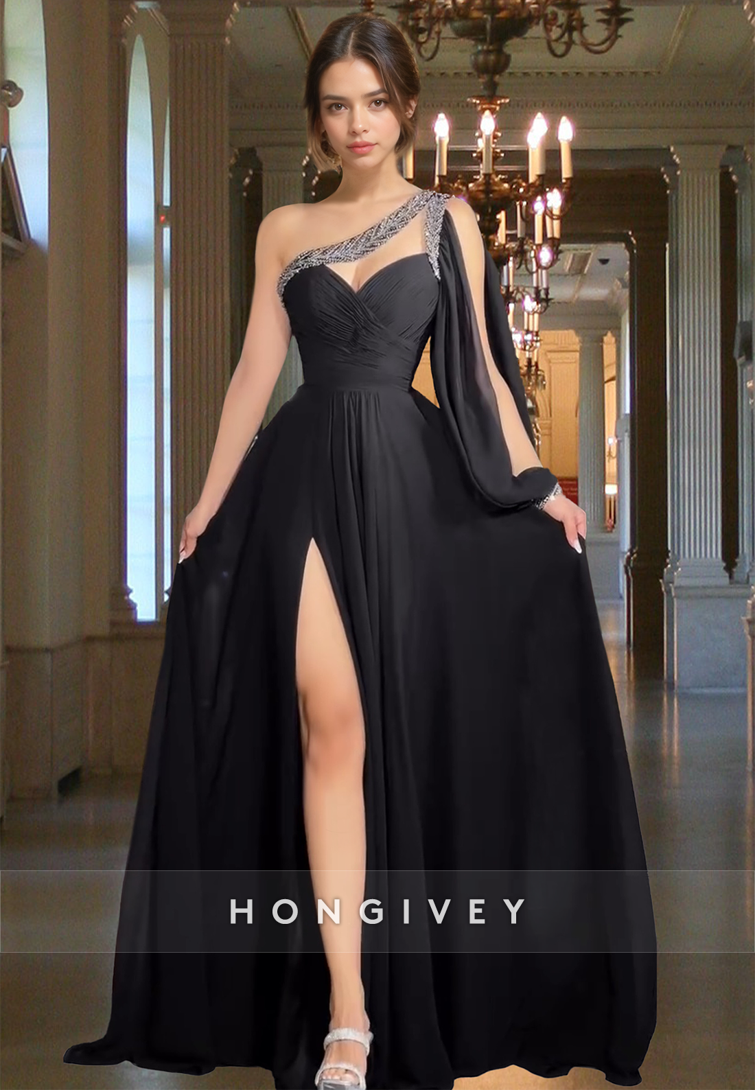 One Shoulder Asymmetrical Aline Elegant Formal Evening Dress