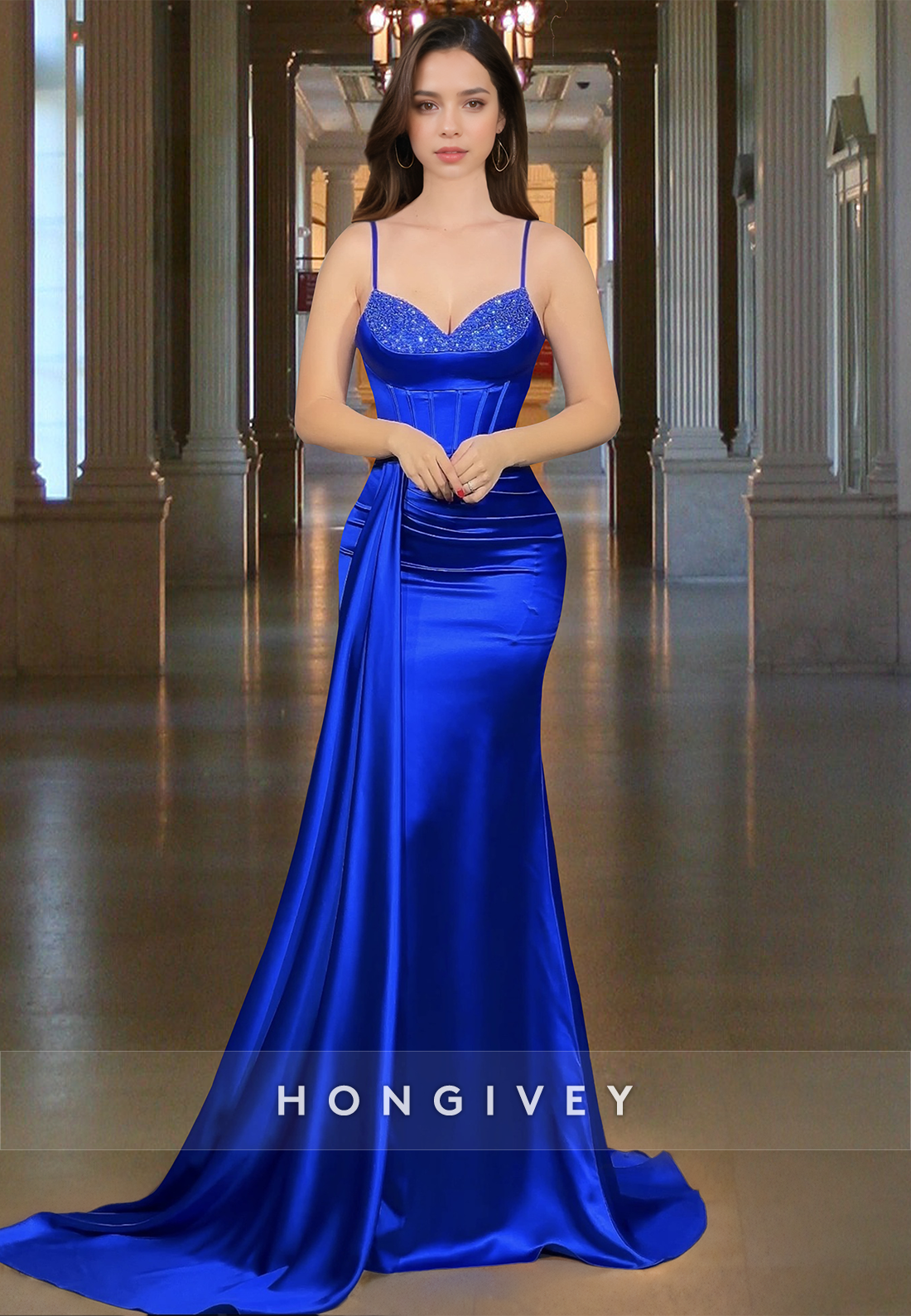 Royal Blue Satin Straps With Train Trumpet Formal Evening Dress