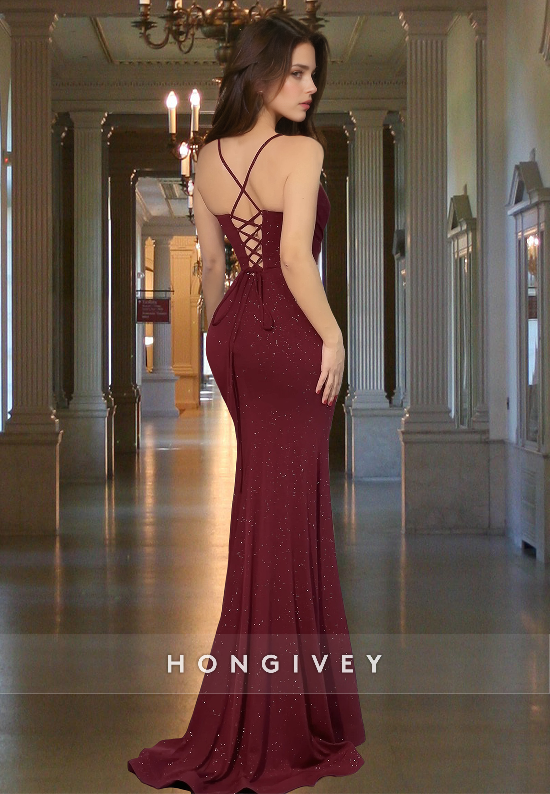 Sexy Dark Red Empire With Slit Straps Evening Dress Party Gown