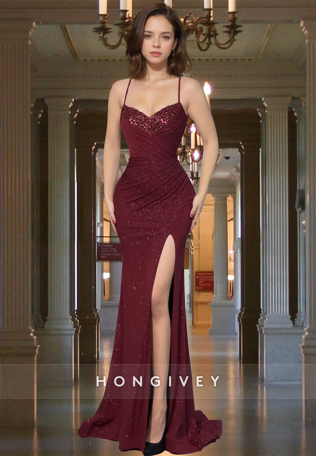 Sexy Dark Red Empire With Slit Straps Evening Dress Party Gown