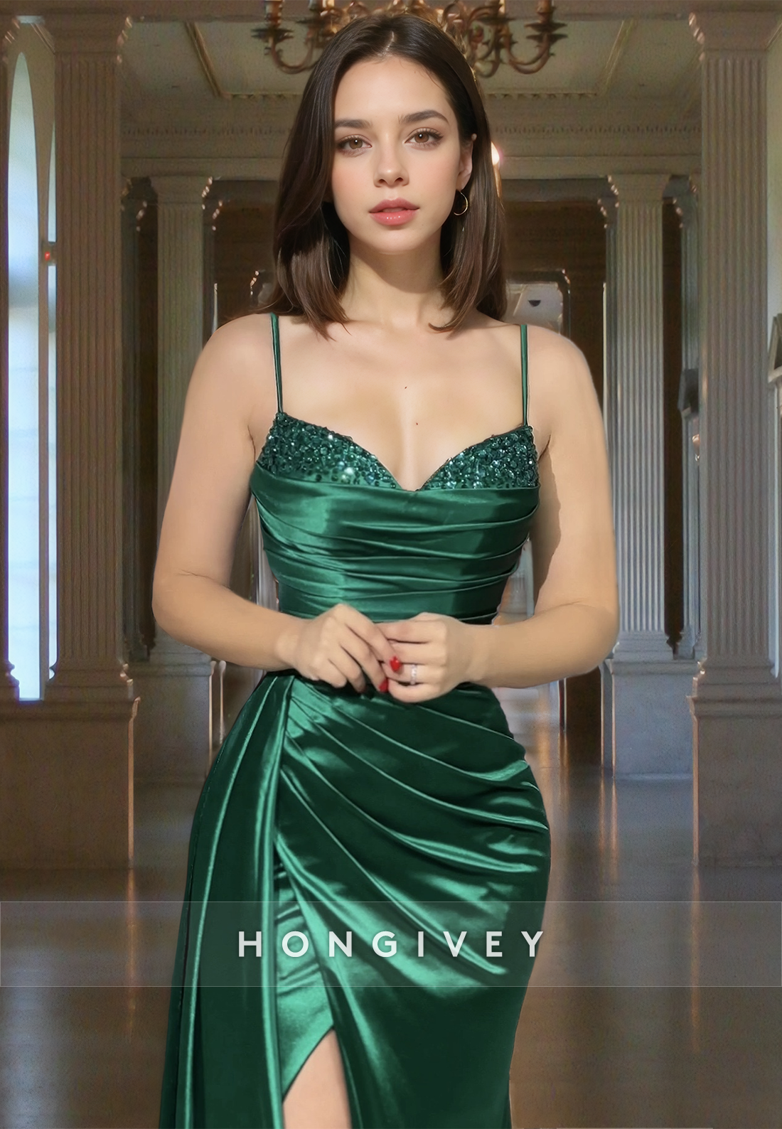 Sexy Dark Green Ruched Trumpet Satin Floorlength Formal Evening Dress