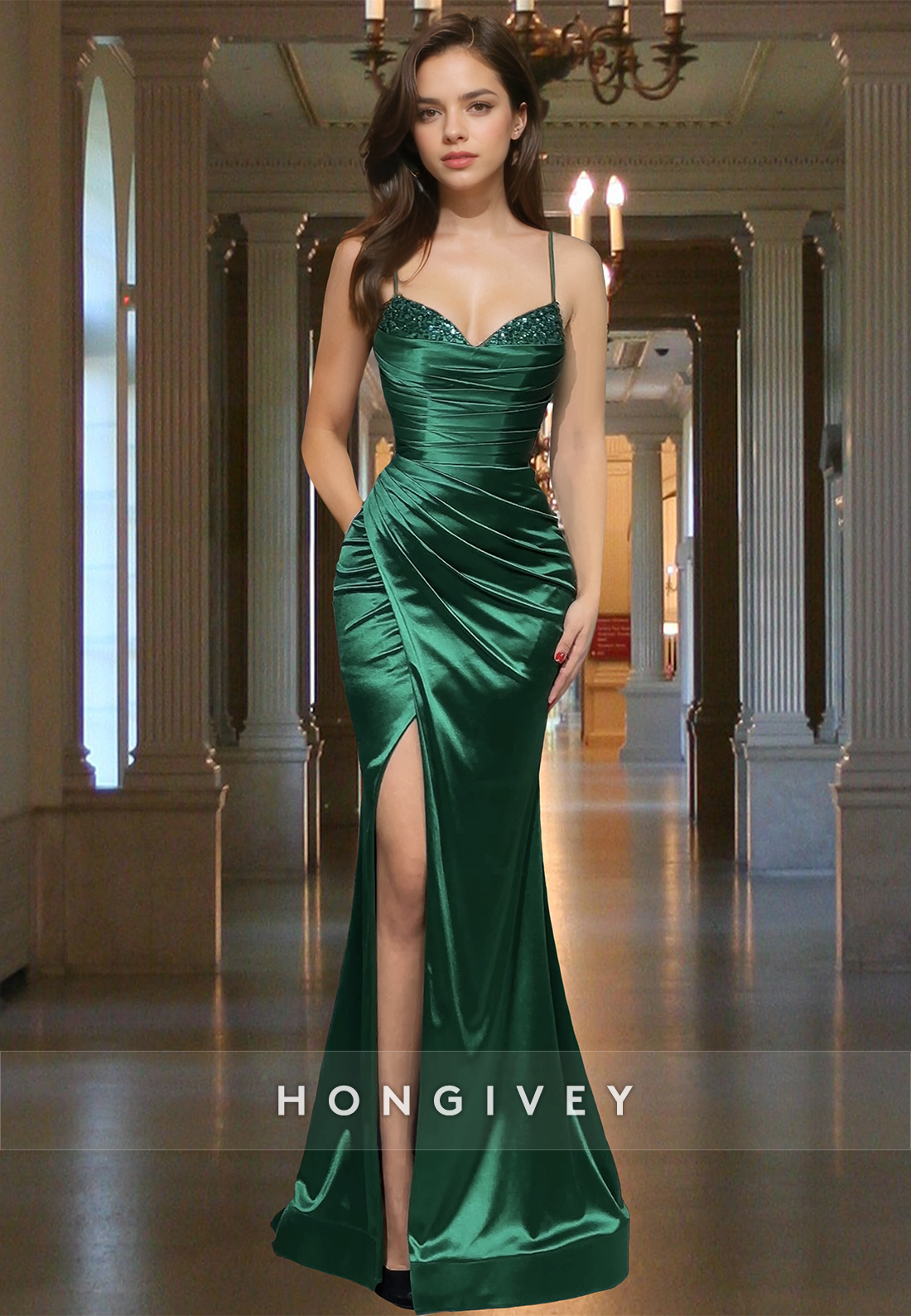 Sexy Dark Green Ruched Trumpet Satin Floorlength Formal Evening Dress