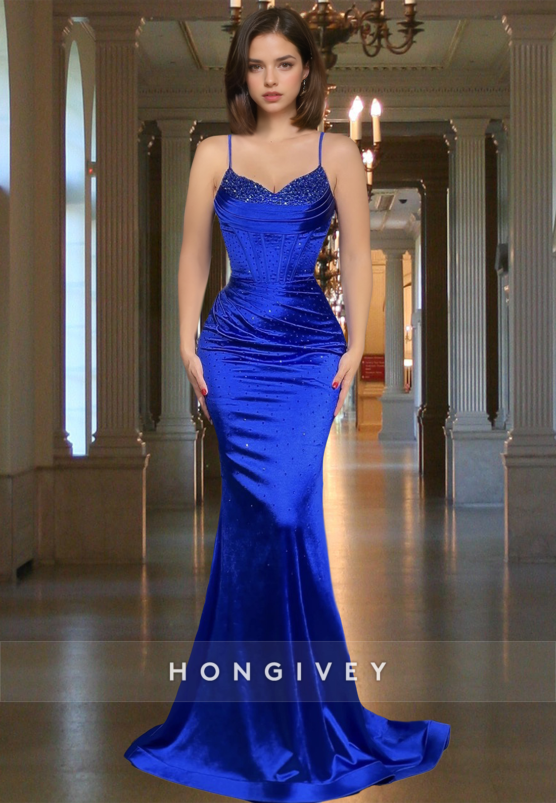 Glitter Blue Ruched Trumpet Satin Formal Evening Dress Gown