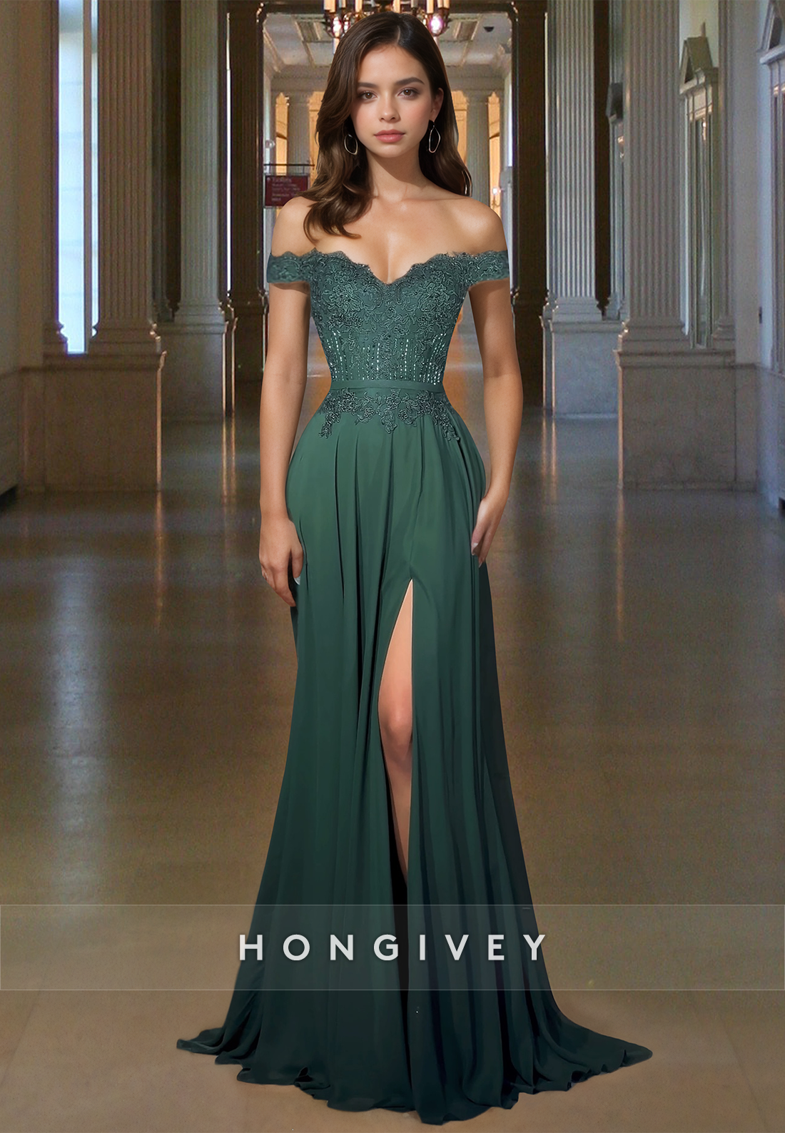 Green Offshoulder Applique Beaded Aline With Slit Formal Evening Dress Prom Gown