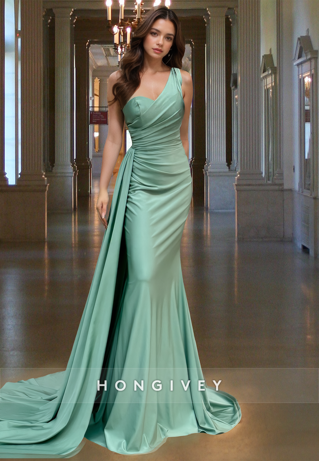 One Shoulder Ruched With Train Long Formal Gown Evening Dress