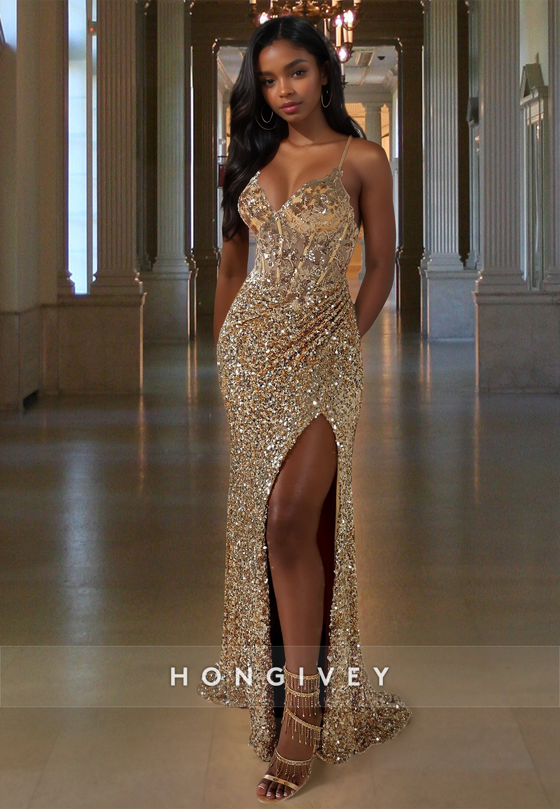 Sexy Gold Sequined Spaghetti Straps Evening Dress Party Gown